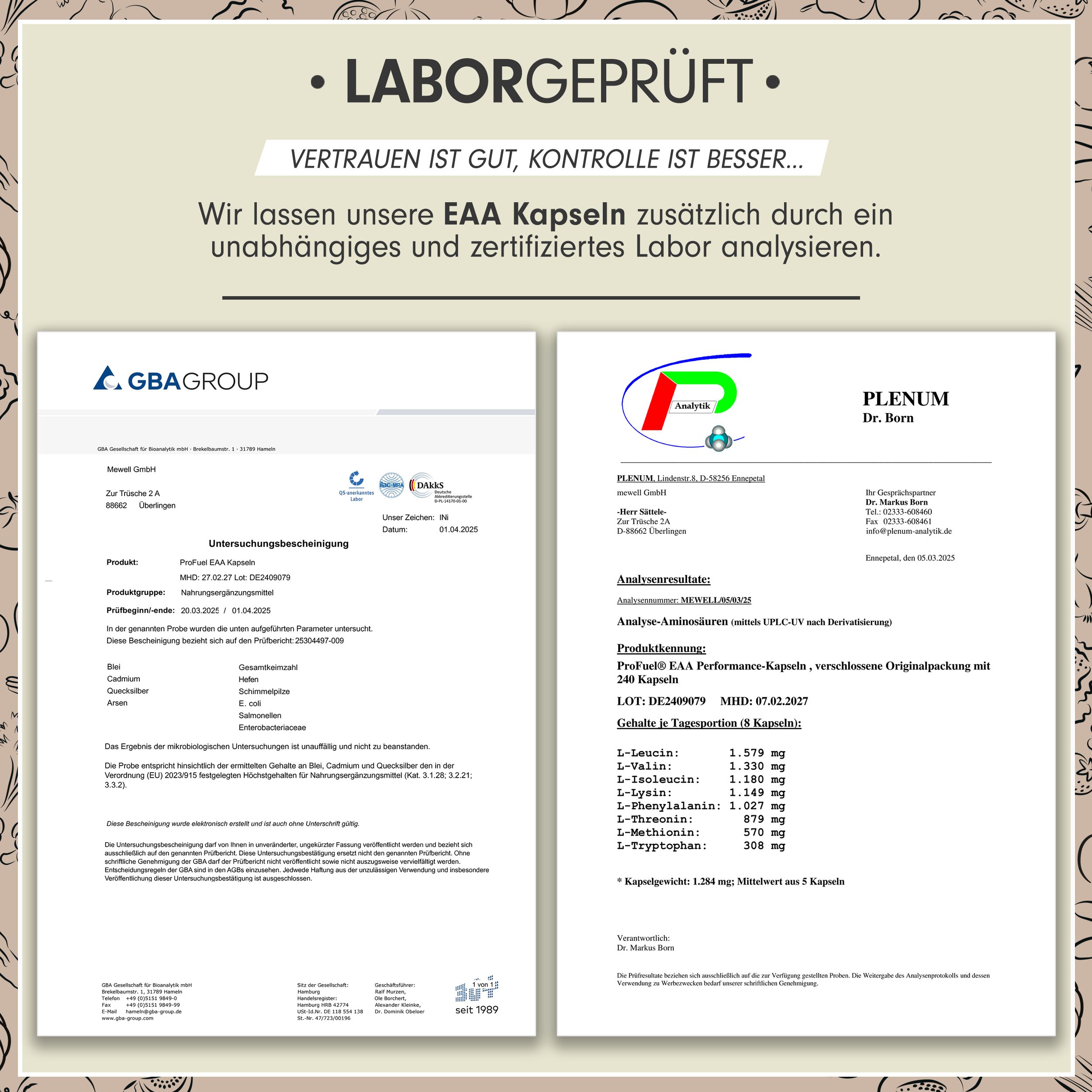Zwei Laborzertifikate. Analyseergebnisse von EAA Kapseln. Zertifizierungen von GBA Group und Plenum Dr. Bern.