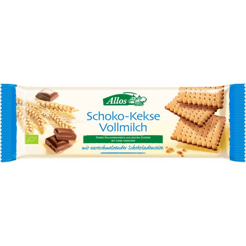 Verpackung mit Allos Schoko-Kekse Vollmilch. Aufschrift: Schoko-Kekse Vollmilch, Bio-Siegel, Abbildung von Keksen, Schokolade und Weizenähren.