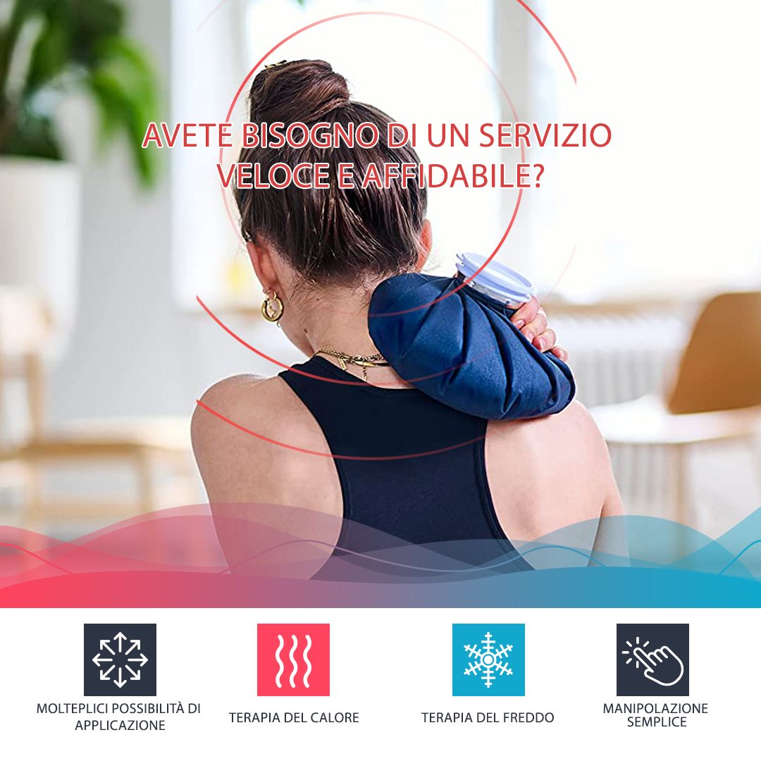 Una donna tiene una borsa dell'acqua calda blu sul collo. Testo: Hai bisogno di un servizio veloce e affidabile?