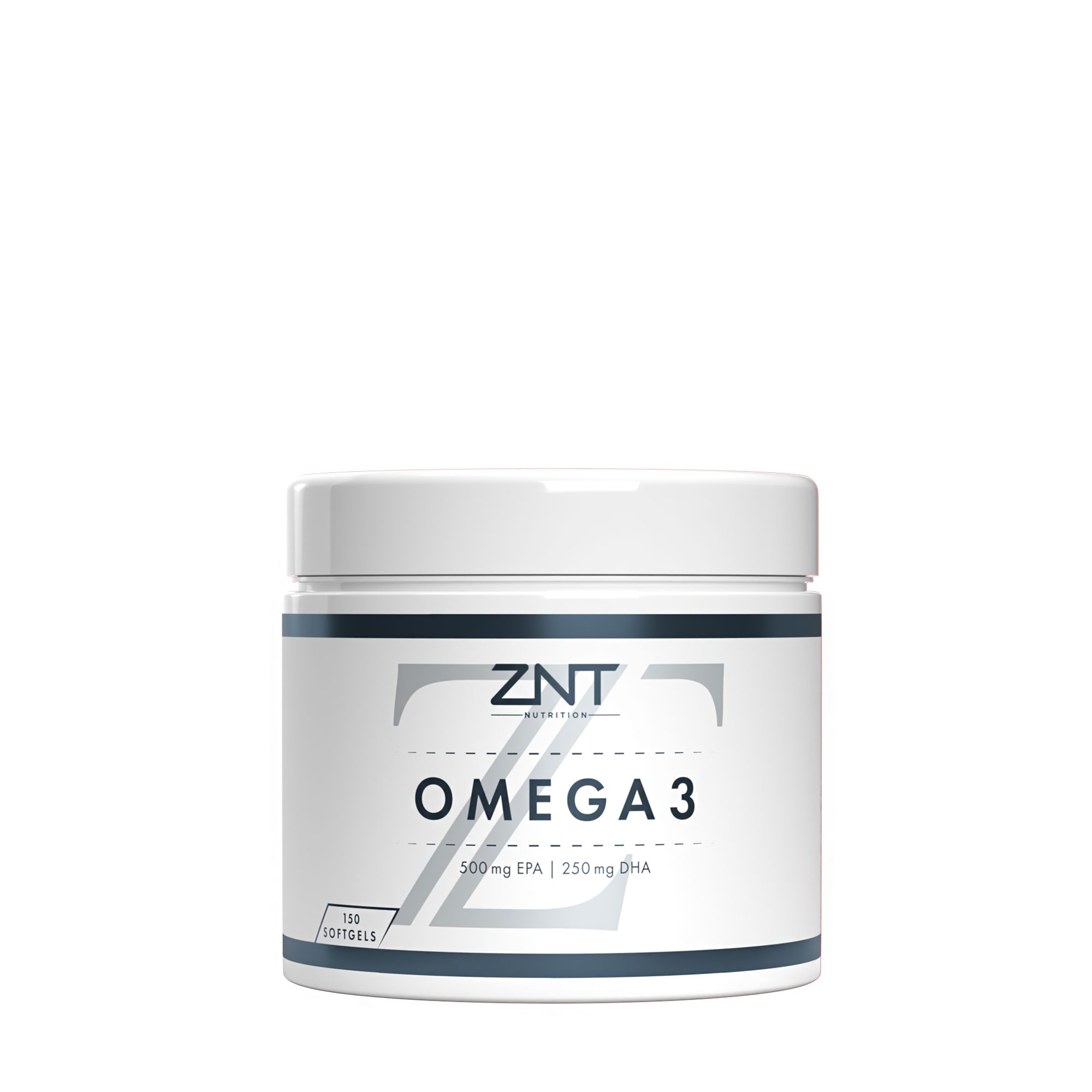 Weiße Dose mit ZNT Nutrition Omega 3 Aufschrift, 500 mg EPA, 250 mg DHA. Enthält 100 Softgels.