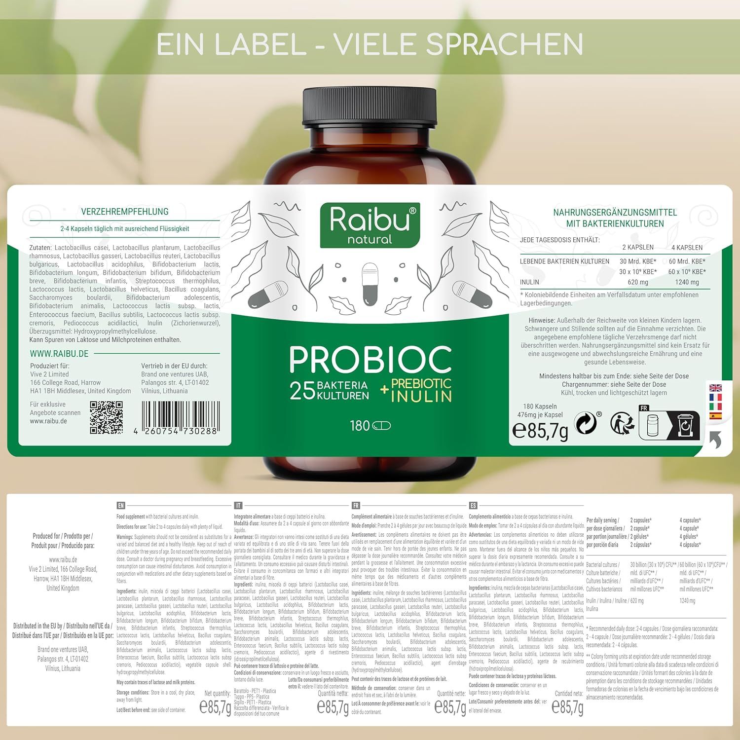 Braune Glasflasche mit Etikett. Enthält Raibu Probioc. Text: 25 Bakterienstämme + Inulin. Mehrsprachige Informationen.