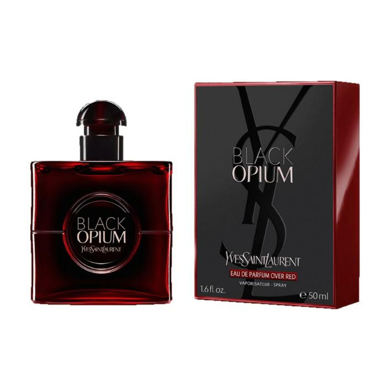 Parfümflasche und Verpackung. Schwarze Flasche mit schwarzem Deckel. Verpackung mit BLACK OPIUM und Yves Saint Laurent. 50 ml.
