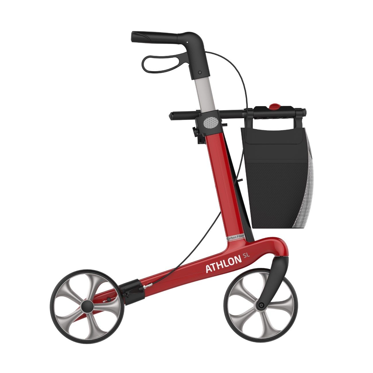 Roter Rollator mit schwarzem Korb. Räder mit Speichen. Griff und Rahmen aus Metall. Aufschrift: ATHLON SL.