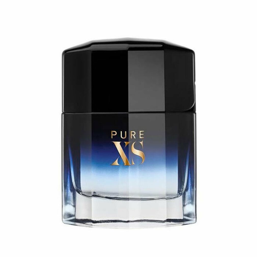 Paco Rabanne Pure XS E.d.T. Flakon. Blau-schwarzer Farbverlauf. Goldener Schriftzug.