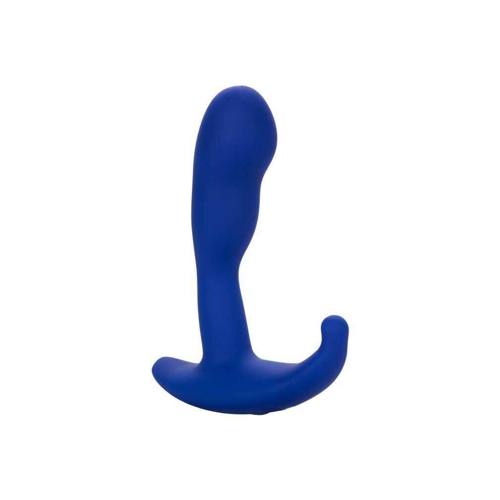Blauer Analplug mit gebogener Form. Besteht aus einem Schaft und einem gebogenen Ende. Auf weißem Hintergrund.