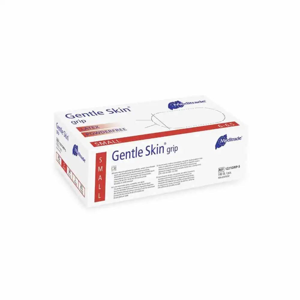 Weiße Verpackung mit roter Schrift. Aufschrift: Gentle Skin grip, Latex, SMALL. Marke: Meditrade. Handschuhgröße S.