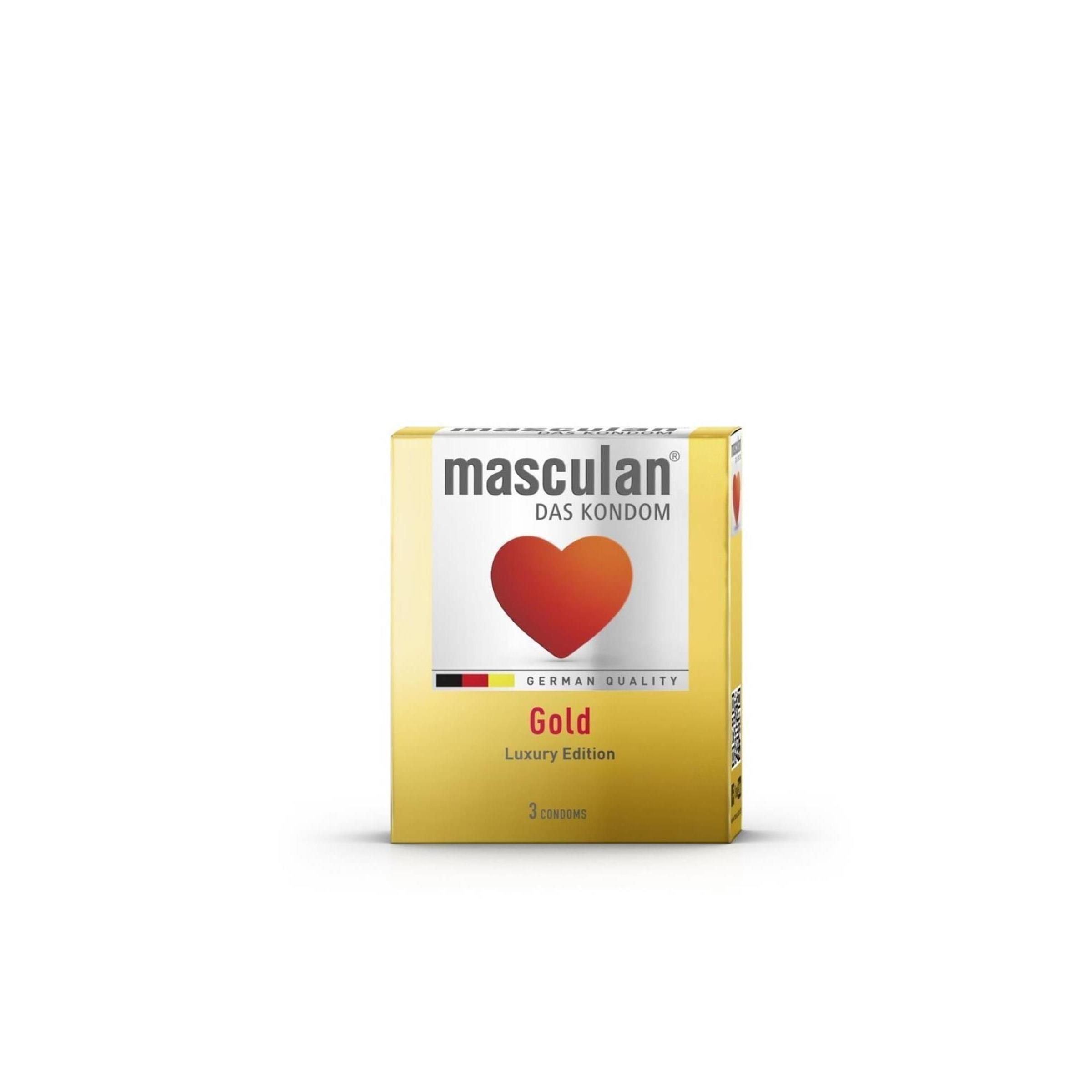 Goldene Verpackung mit rotem Herz. Aufschrift: Masculan, Das Kondom, German Quality, Gold, Luxury Edition. Enthält 3 Kondome.