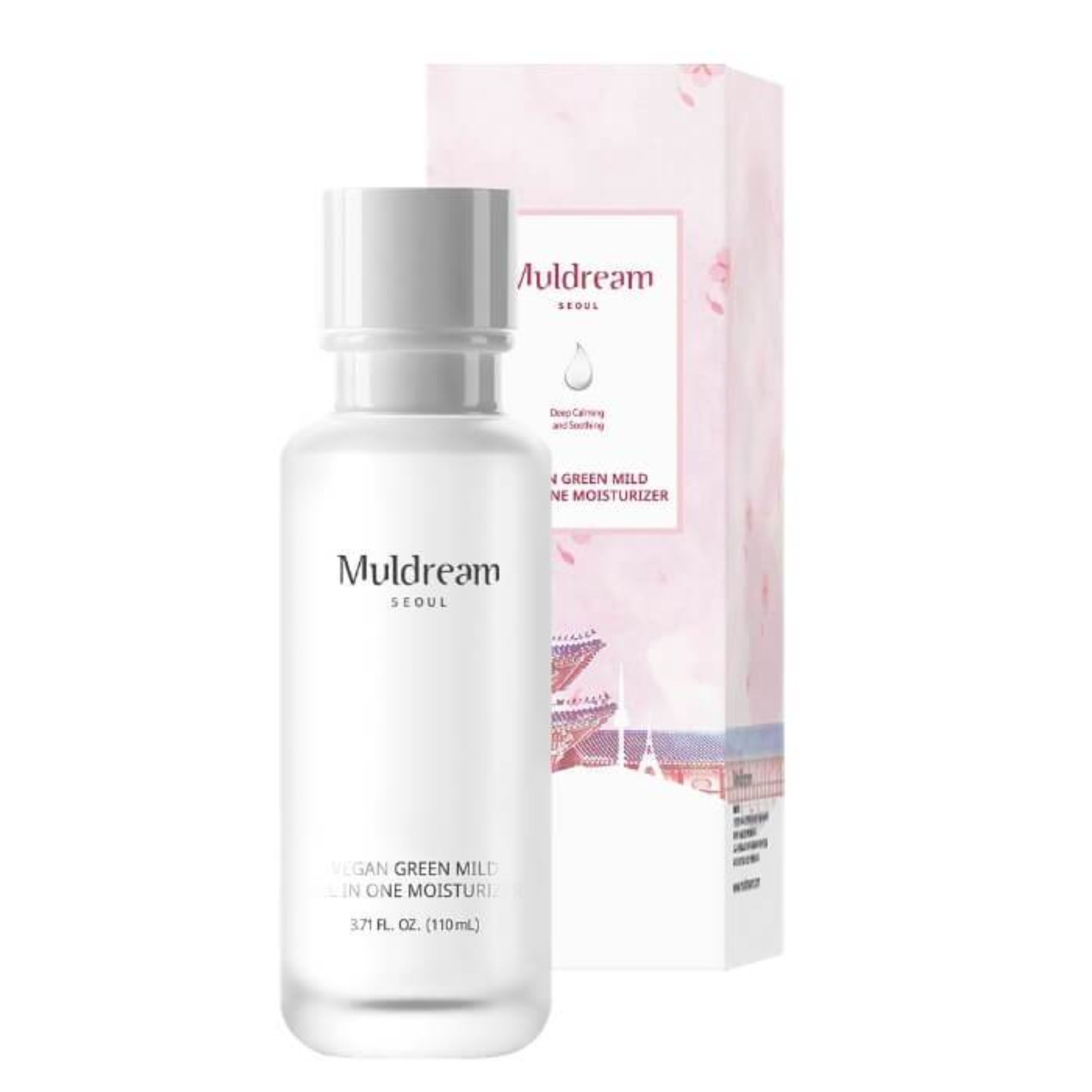 Weiße Flasche mit Aufschrift Muldream Seoul. Daneben eine rosafarbene Verpackung mit Produktinformationen. Vegan Green Mild All In One Moisturizer.