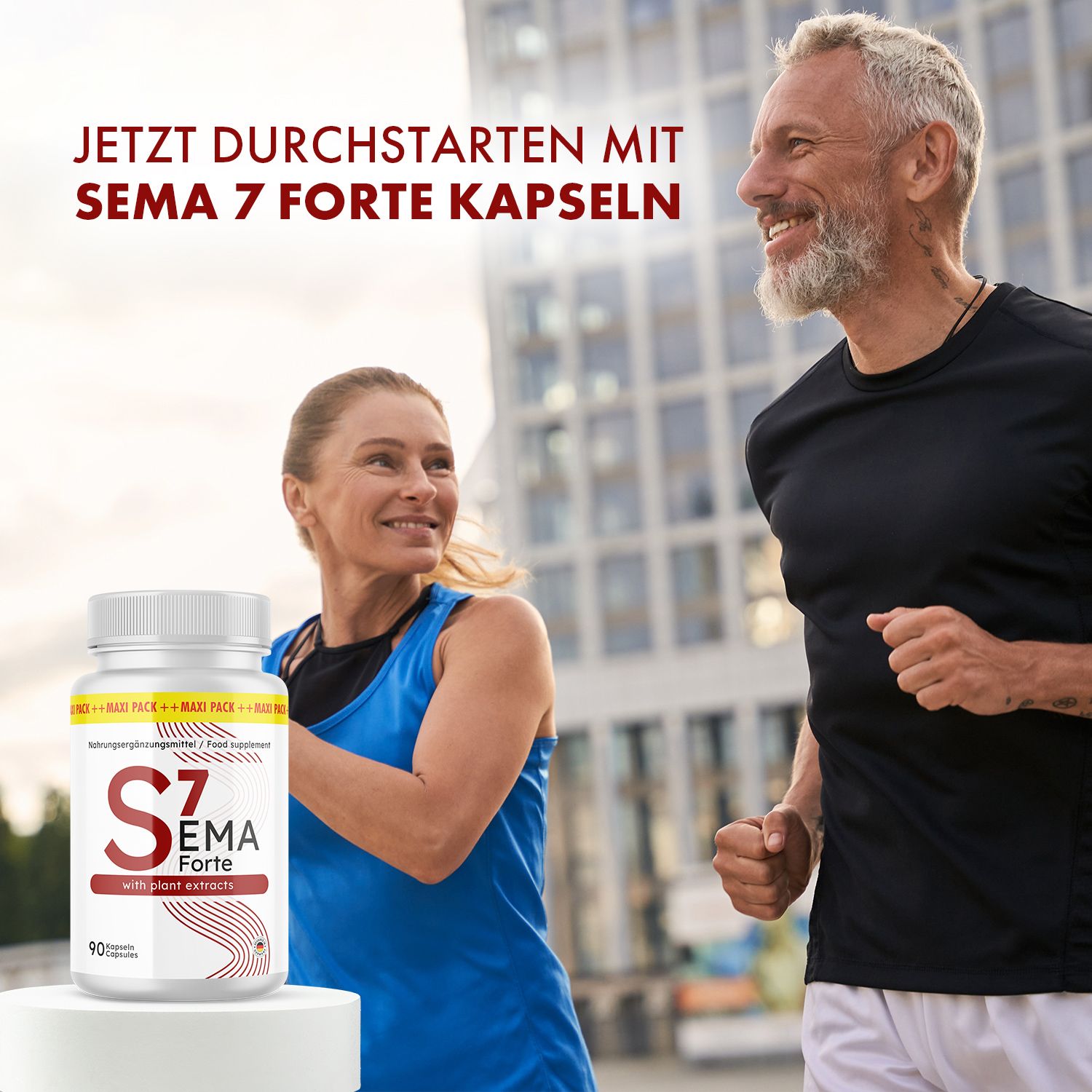 Zwei Personen joggen. Im Vordergrund Flasche mit rotem Etikett. Aufschrift: S7 EMA Forte, mit Pflanzenextrakten. 90 Kapseln. Text: Jetzt durchstarten mit Sema 7 Forte Kapseln.