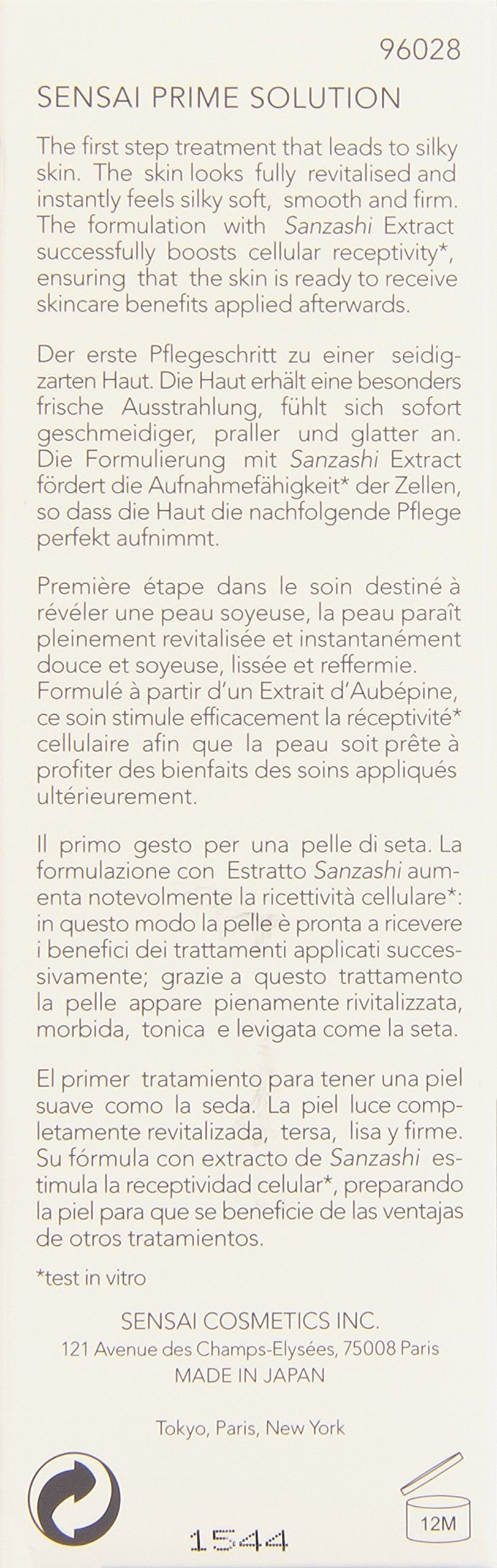 Text mit Produktinformationen und Inhaltsstoffen. Marke: SENSAI. Text in Deutsch, Französisch, Italienisch und Spanisch.
