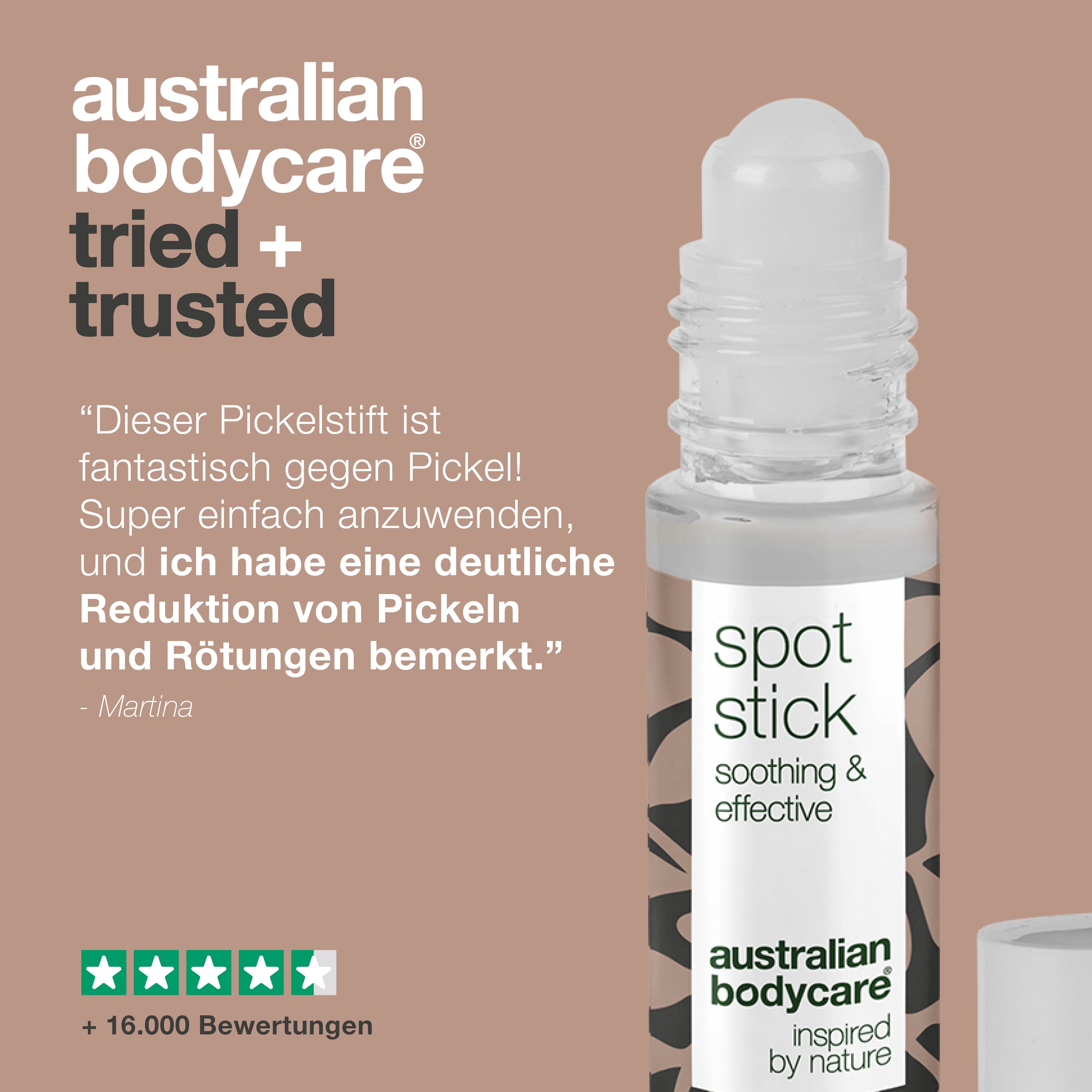 Spot Stick mit Text. Aufschrift: Dieser Pickelstift ist fantastisch, Australian Bodycare. Sterne-Bewertung.