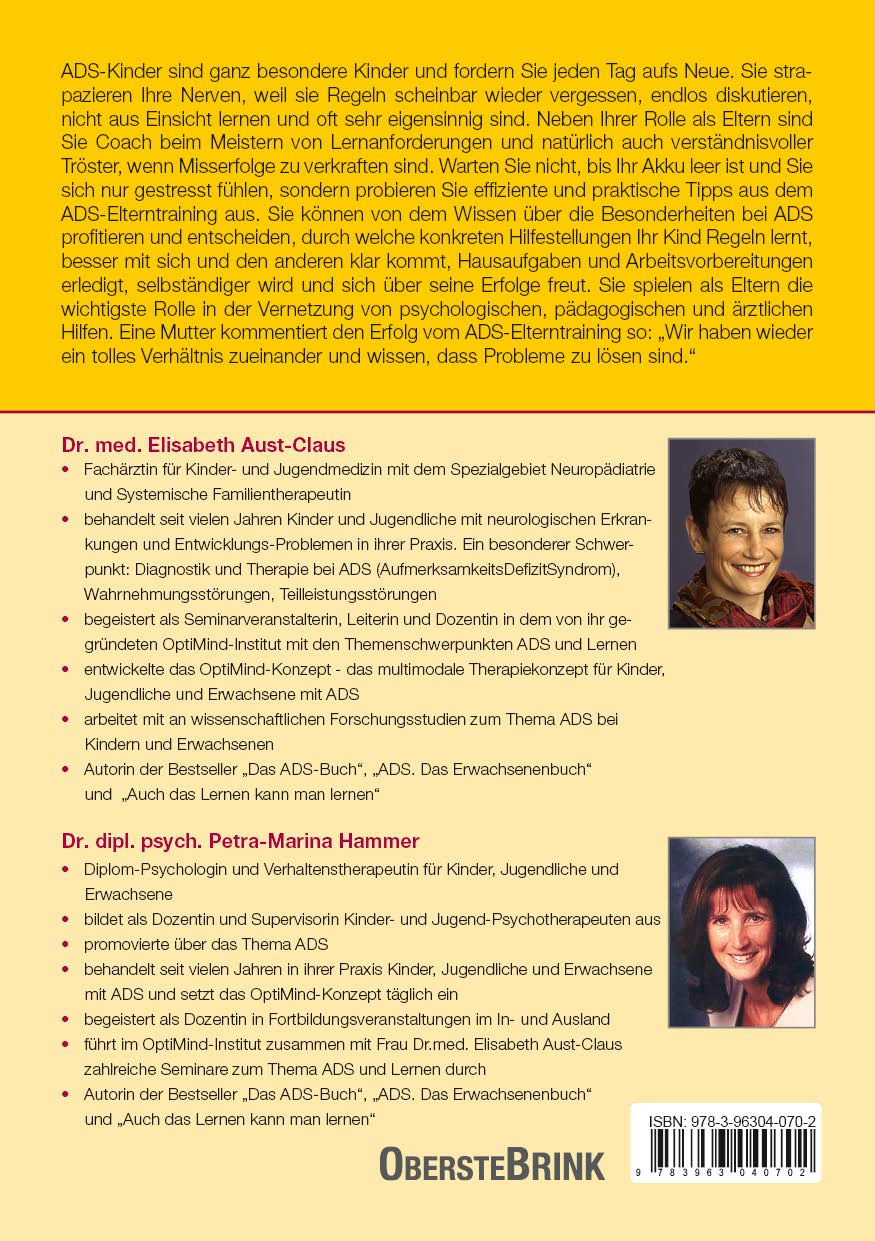 Rückseite des Buches ADS. Eltern als Coach. Text über das Buch und die Autorinnen Elisabeth Aust-Claus und Petra-Marina Hammer. Fotos der Autorinnen.