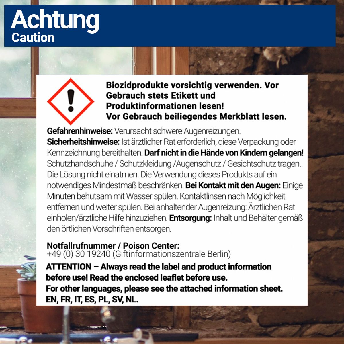 Warnhinweis-Etikett mit rotem Ausrufezeichen. Text: 'Biozidprodukte vorsichtig verwenden. Vor Gebrauch stets Etikett und Produktinformationen lesen!'