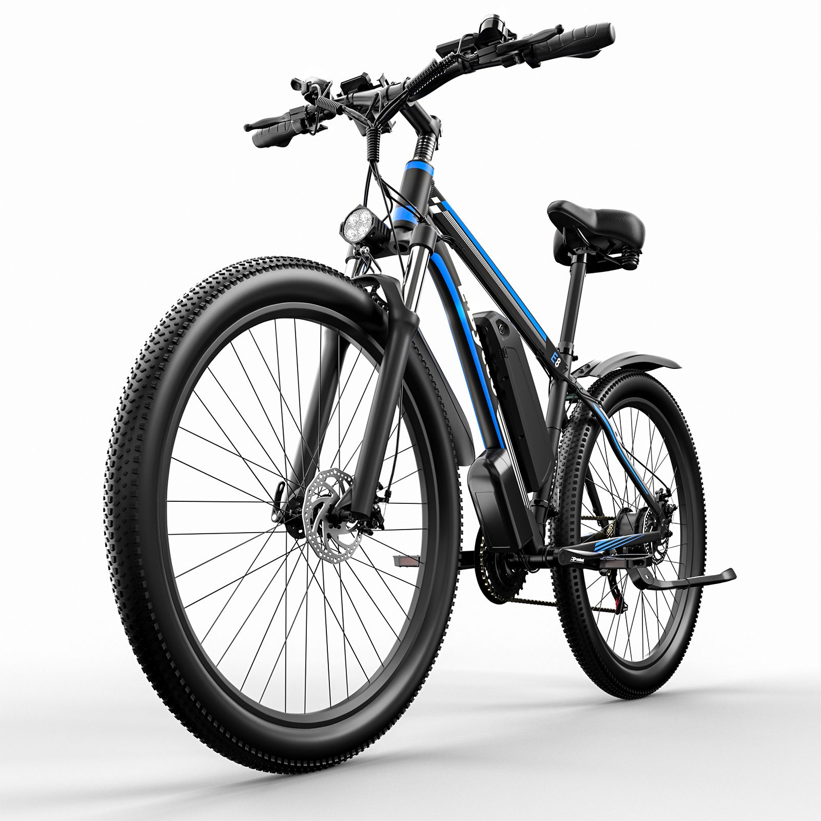 Schwarzes E-Bike mit blauem Akzent. E·Bycco Logo. Frontscheinwerfer. Schwarze Reifen und Schutzbleche.