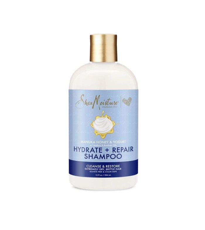 Flasche Shea Moisture Hydrate + Repair Shampoo mit Manuka Honig und Joghurt.
