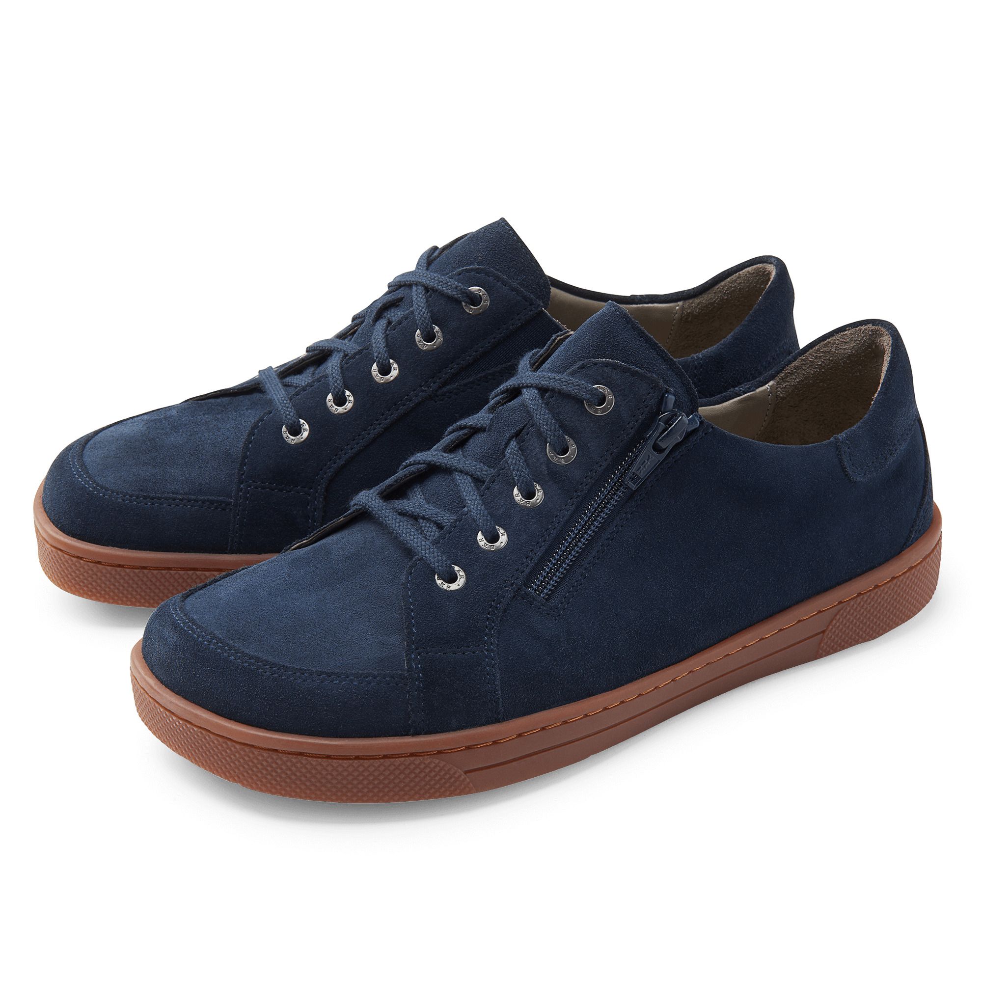 Dunkelblaue Herren-Schnürschuhe aus Wildleder mit seitlichem Reißverschluss und brauner Gummisohle.