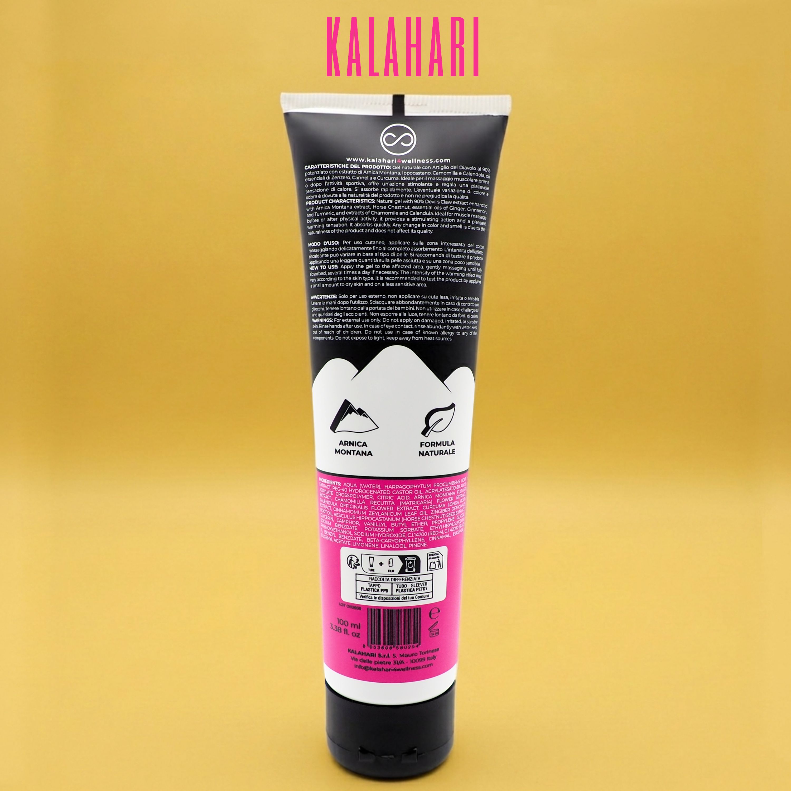 Rückseite der Tube KALAHARI Artiglio del Diavolo e Arnica Gel mit detaillierten Informationen und Inhaltsstoffen.