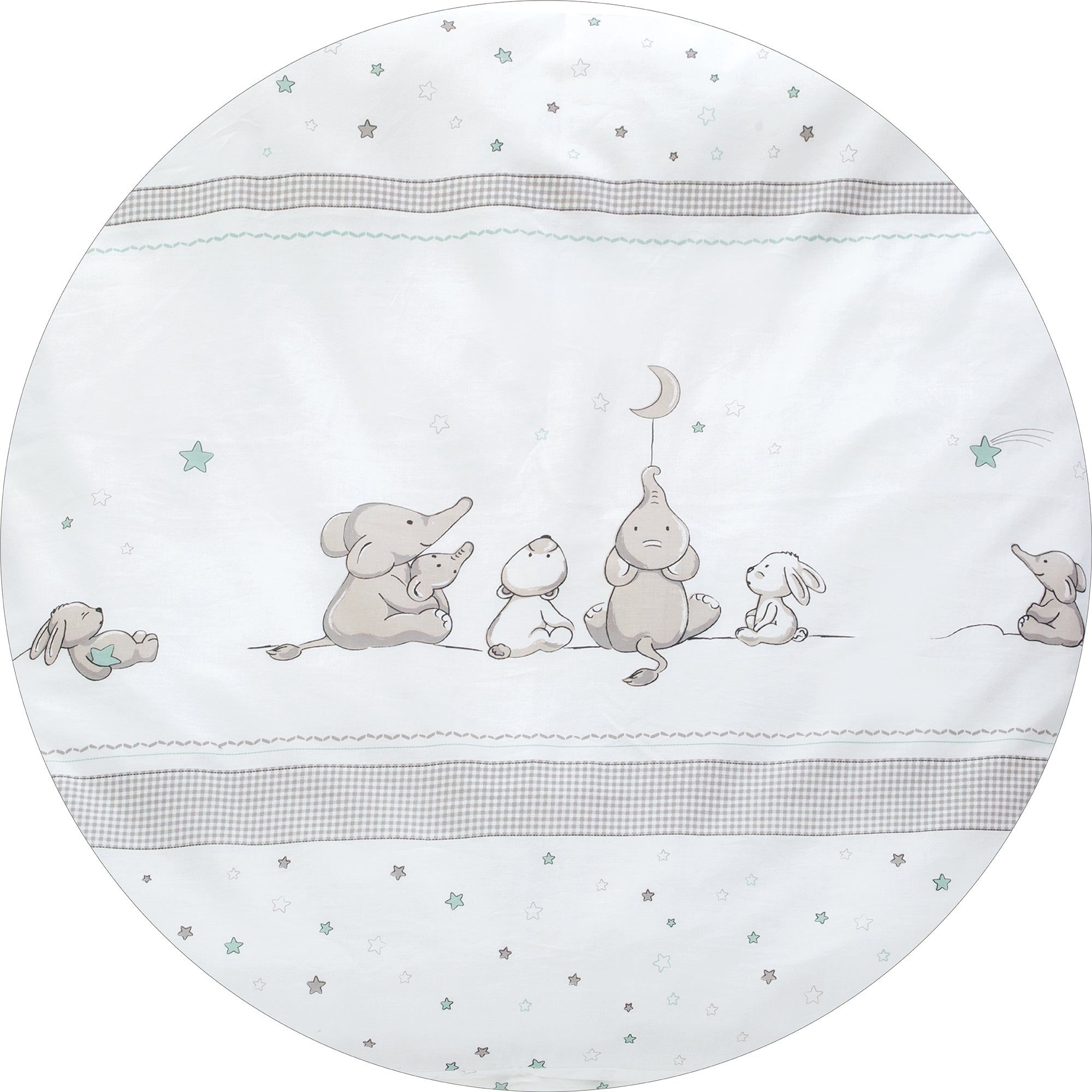 Textilunterlage mit Sternen- und Tiermotiv. Graue und weiße Elemente. Tiere: Elefanten, Hase. Sterne und Mond.