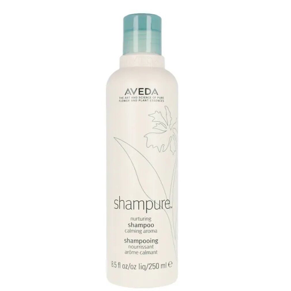 Weißes Shampoo-Fläschchen mit blauem Deckel. Aufschrift: Aveda, Shampure, nährendes Shampoo, 8.5 fl oz/250 ml.