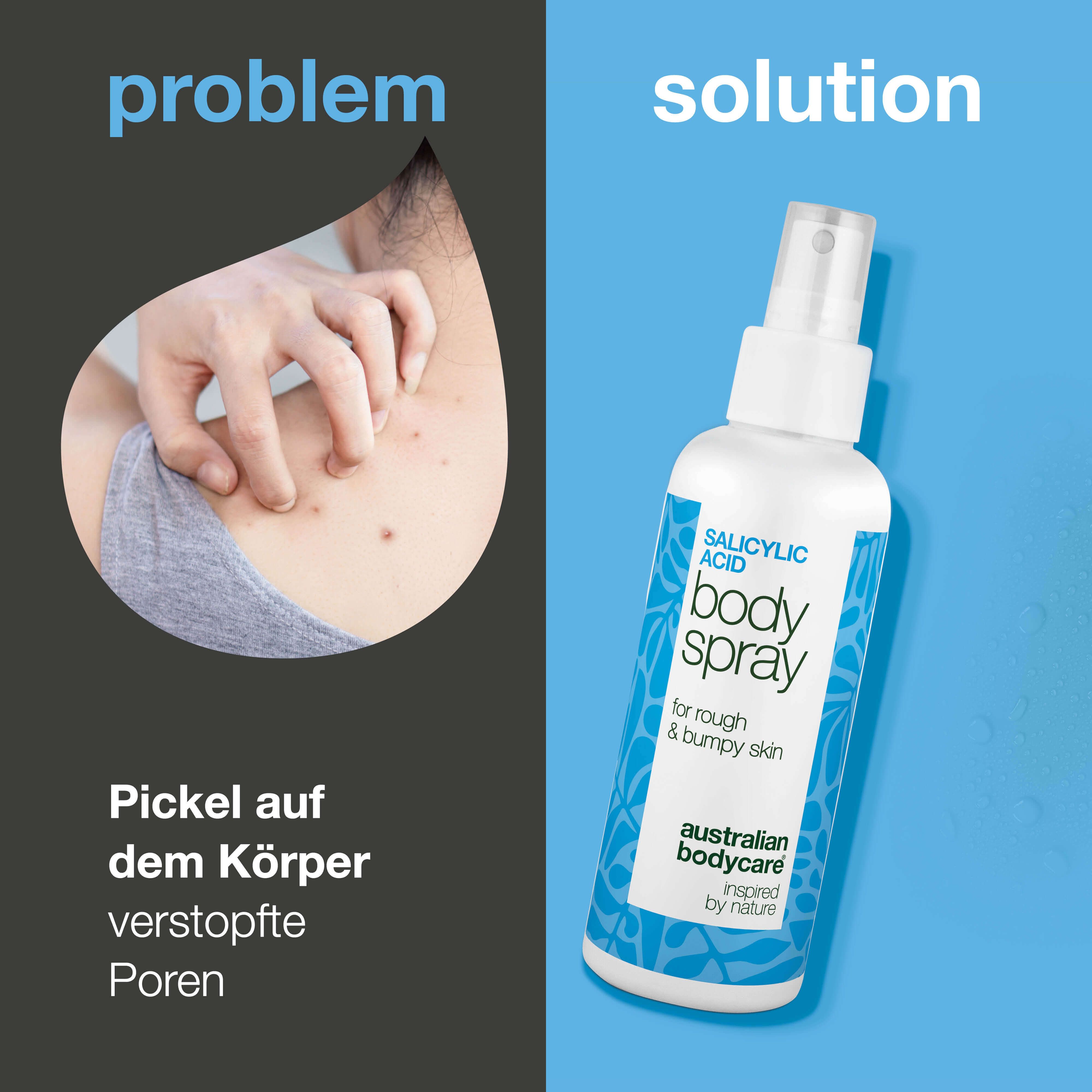 Produkt neben Haut mit Pickeln. Text: Problem/Lösung. Produkt: Salicylsäure Body Spray.