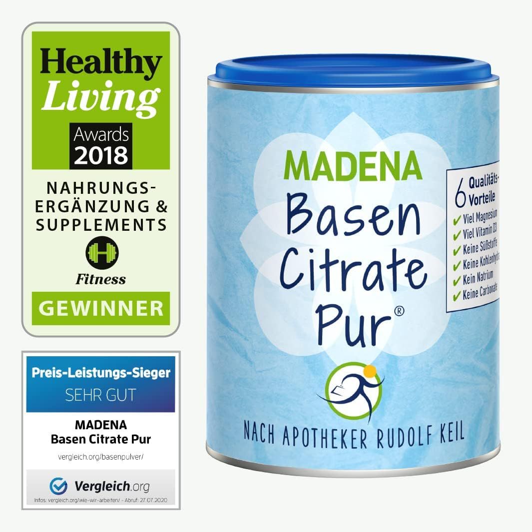 Dose MADENA Basen Citrate Pur mit Auszeichnungen: Healthy Living Awards 2018, Preis-Leistungs-Sieger. Auf der Dose sind 6 Qualitätsvorteile aufgelistet.