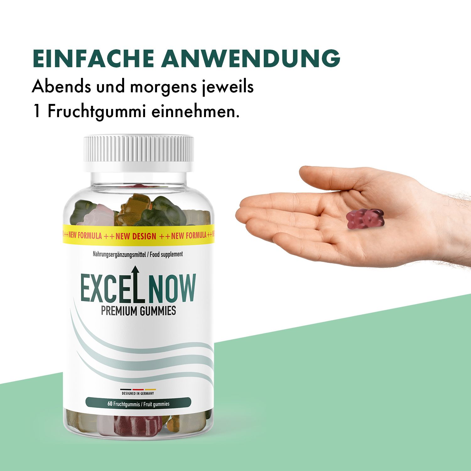 Flasche mit EXCEL NOW PREMIUM GUMMIES und eine Hand mit zwei Fruchtgummis.