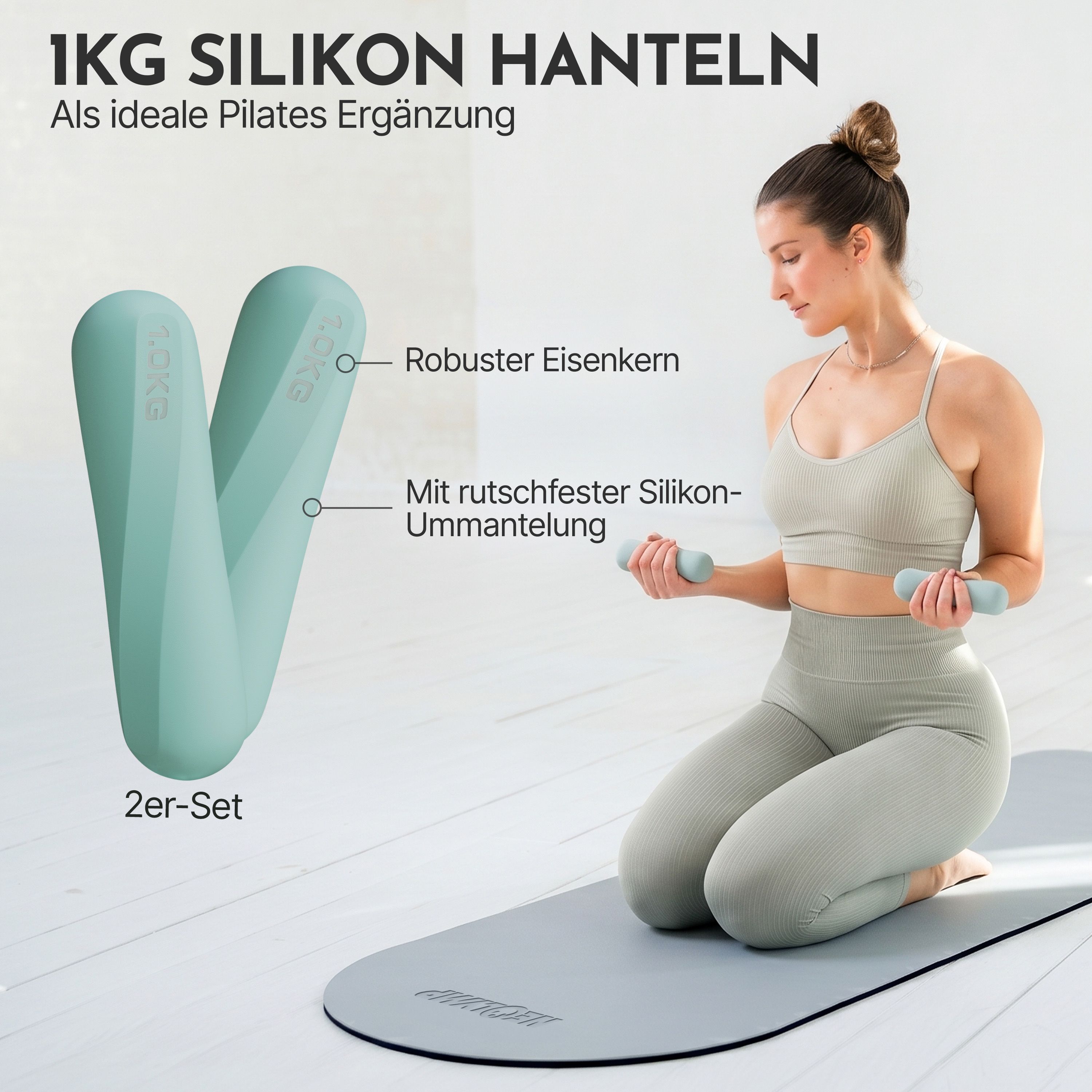 Frau hält 1kg NEOLYMP Silikon-Hanteln mit robustem Eisenkern.