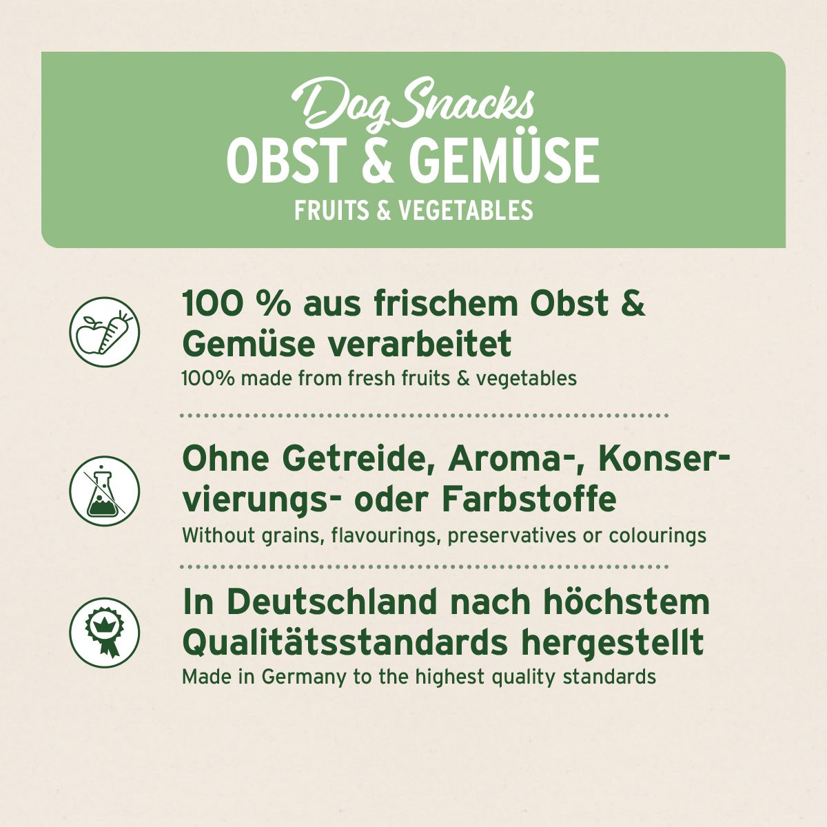 Grüner Hintergrund mit Text. Aufschrift: Dog Snacks Obst & Gemüse. 100% aus frischem Obst & Gemüse. Ohne Getreide, Aroma-, Konservierungs- oder Farbstoffe.