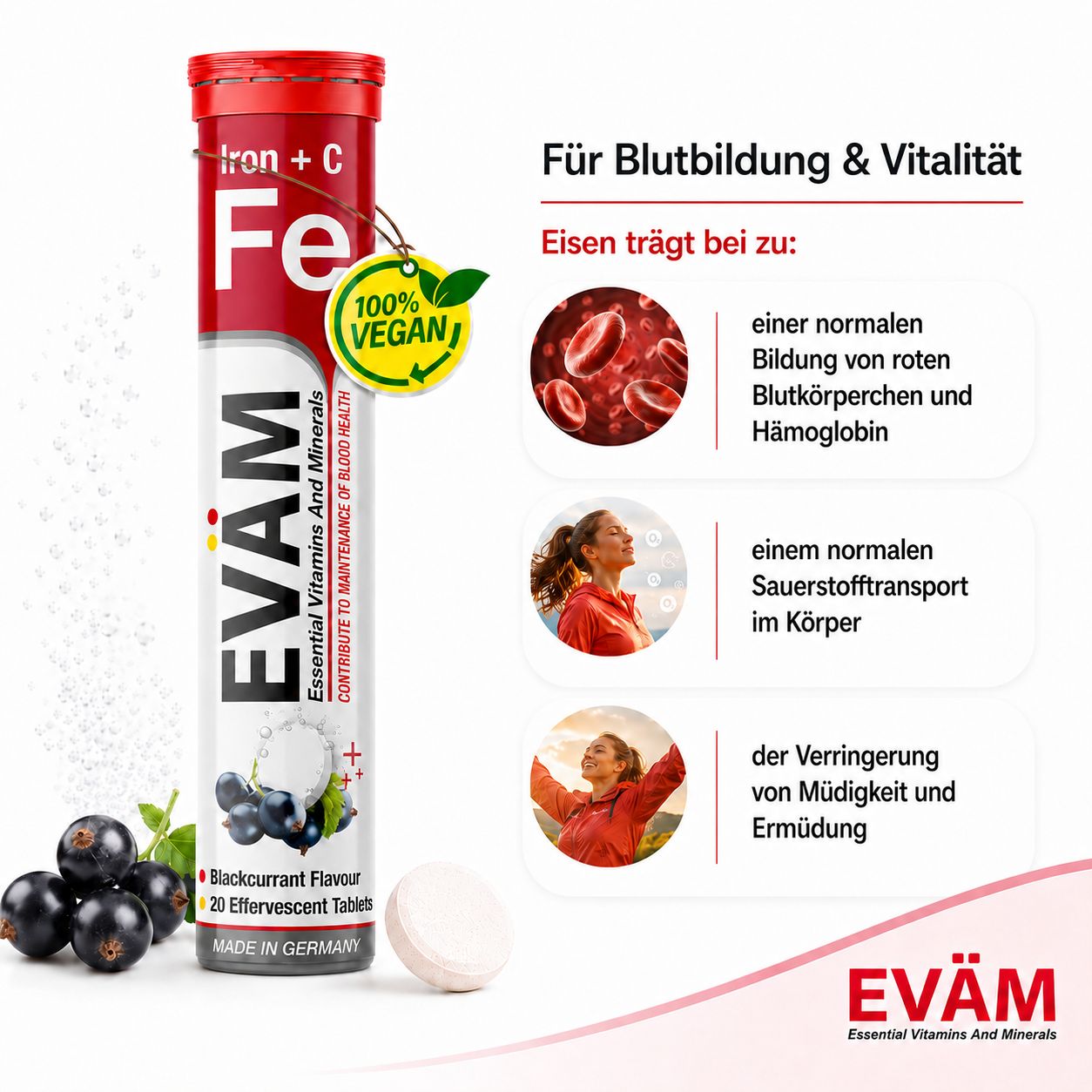 EVÄM Eisen + Vitamin C für Blutbildung und Vitalität, mit Illustrationen.