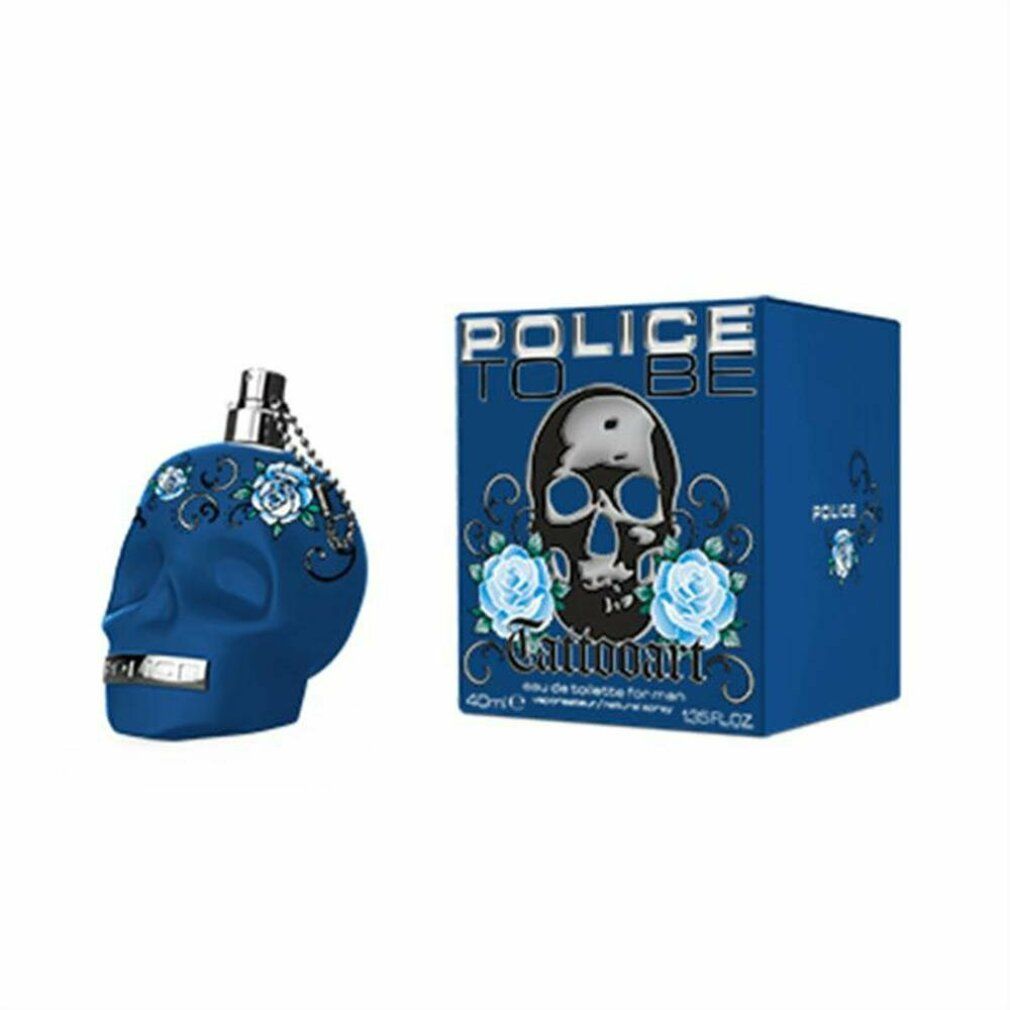 Blaue Totenkopf-Parfümflasche mit Rosen-Tattoo-Design und passender Box.