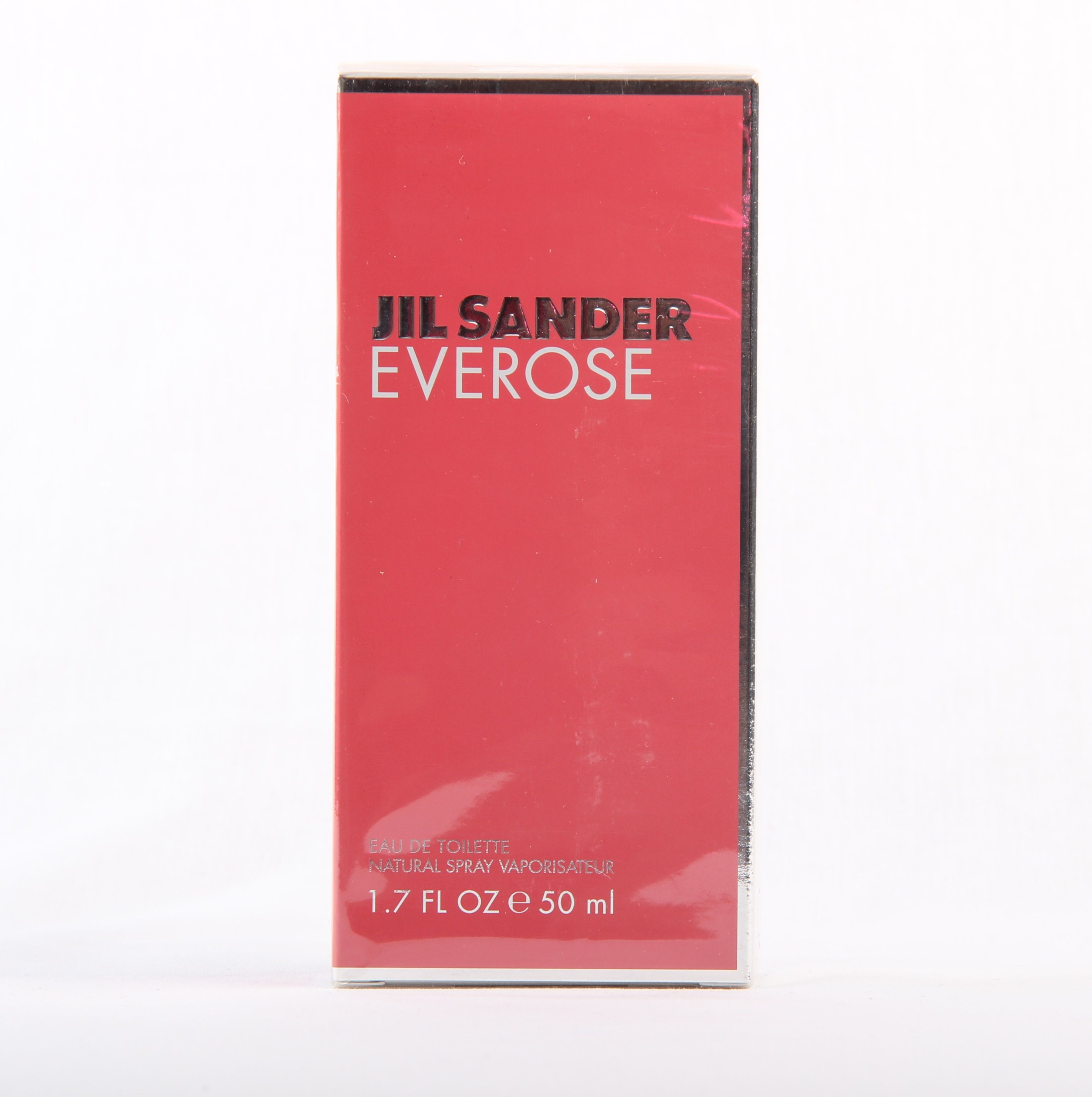 Jil Sander Everose Eau de Toilette. Rote rechteckige Verpackung mit weißer Schrift. Enthält 50 ml.