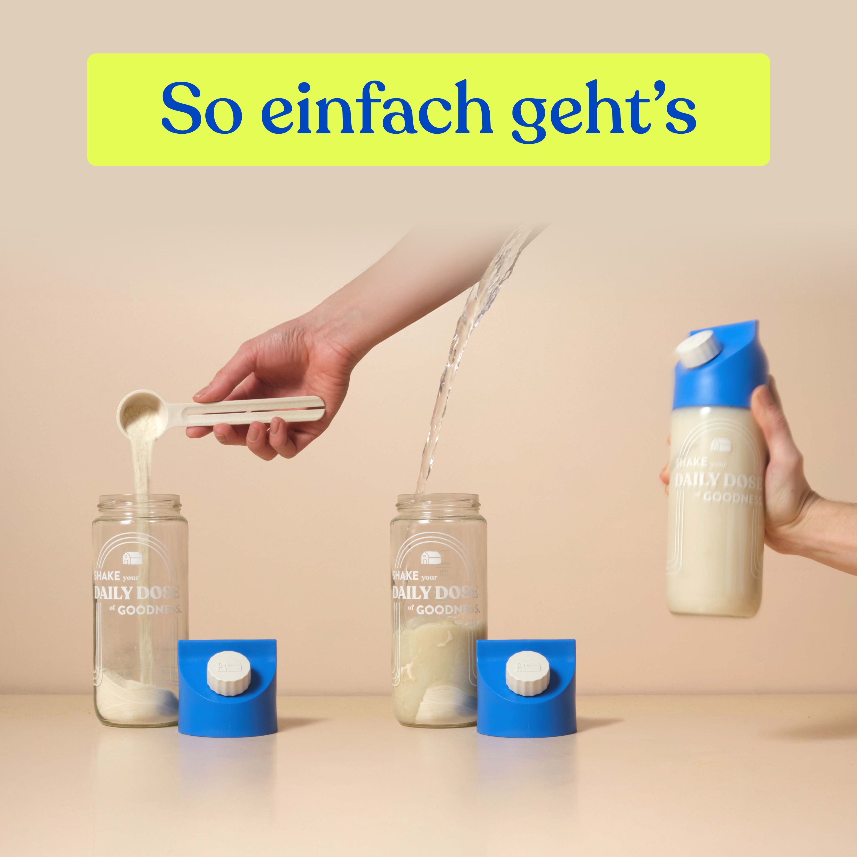 Anleitung zur Zubereitung. Zutaten werden in ein Glas gegeben und mit Wasser aufgefüllt. Deckel drauf und schütteln.