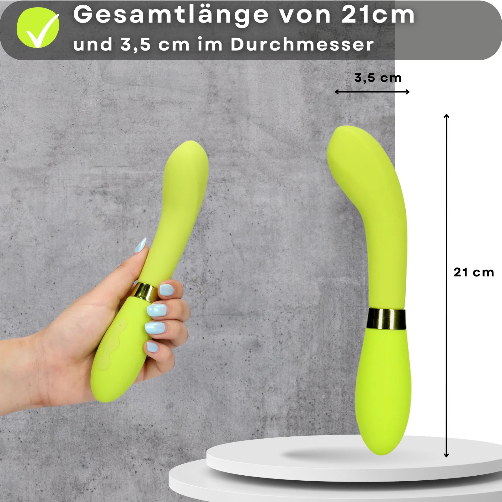 Hellgrüner Vibrator. Gesamtlänge 21 cm, Durchmesser 3,5 cm. In Hand gehalten.