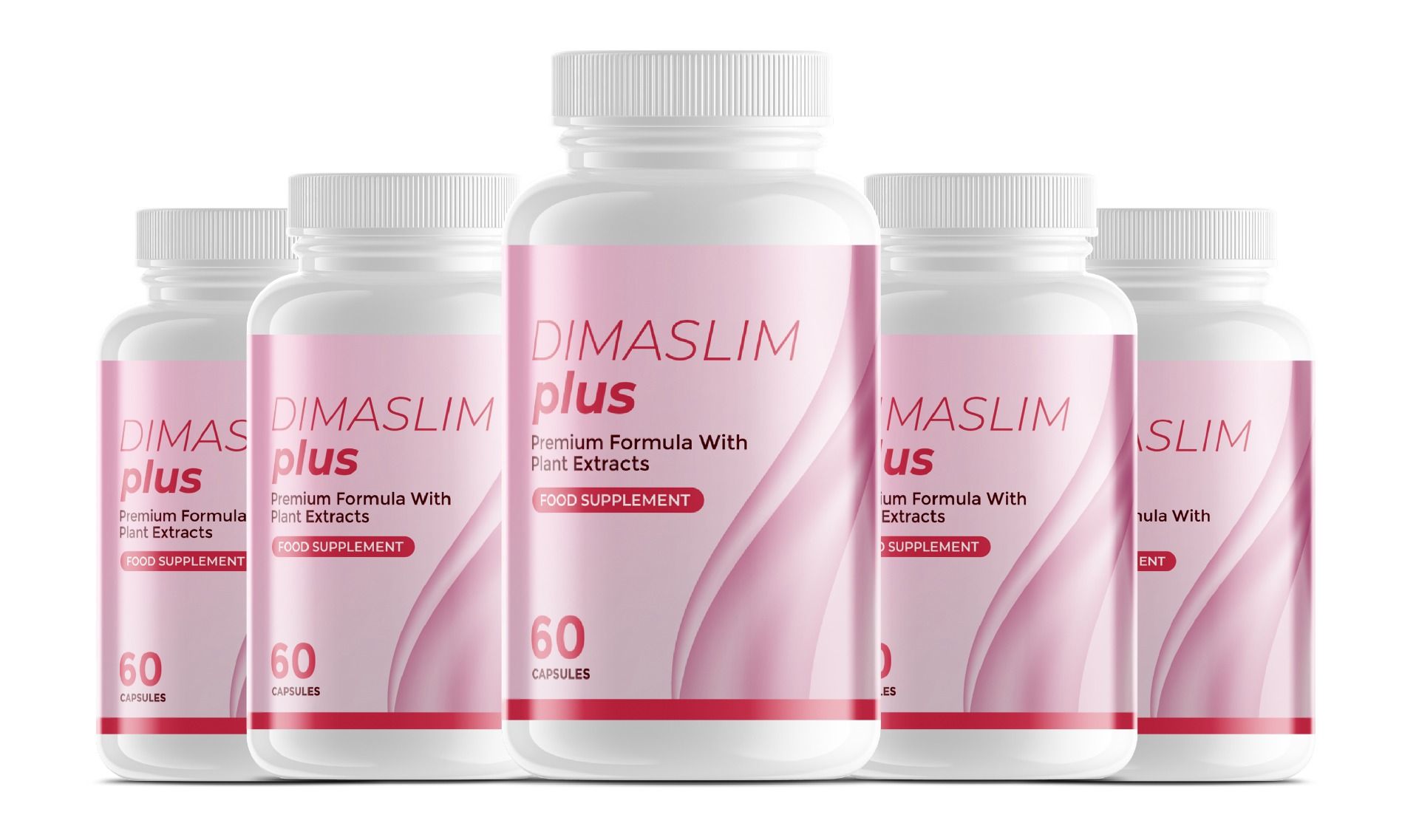 Fünf weiße Flaschen mit rosa Etiketten. Aufschrift: DimaSlim plus, 60 Kapseln. Nahrungsergänzungsmittel.