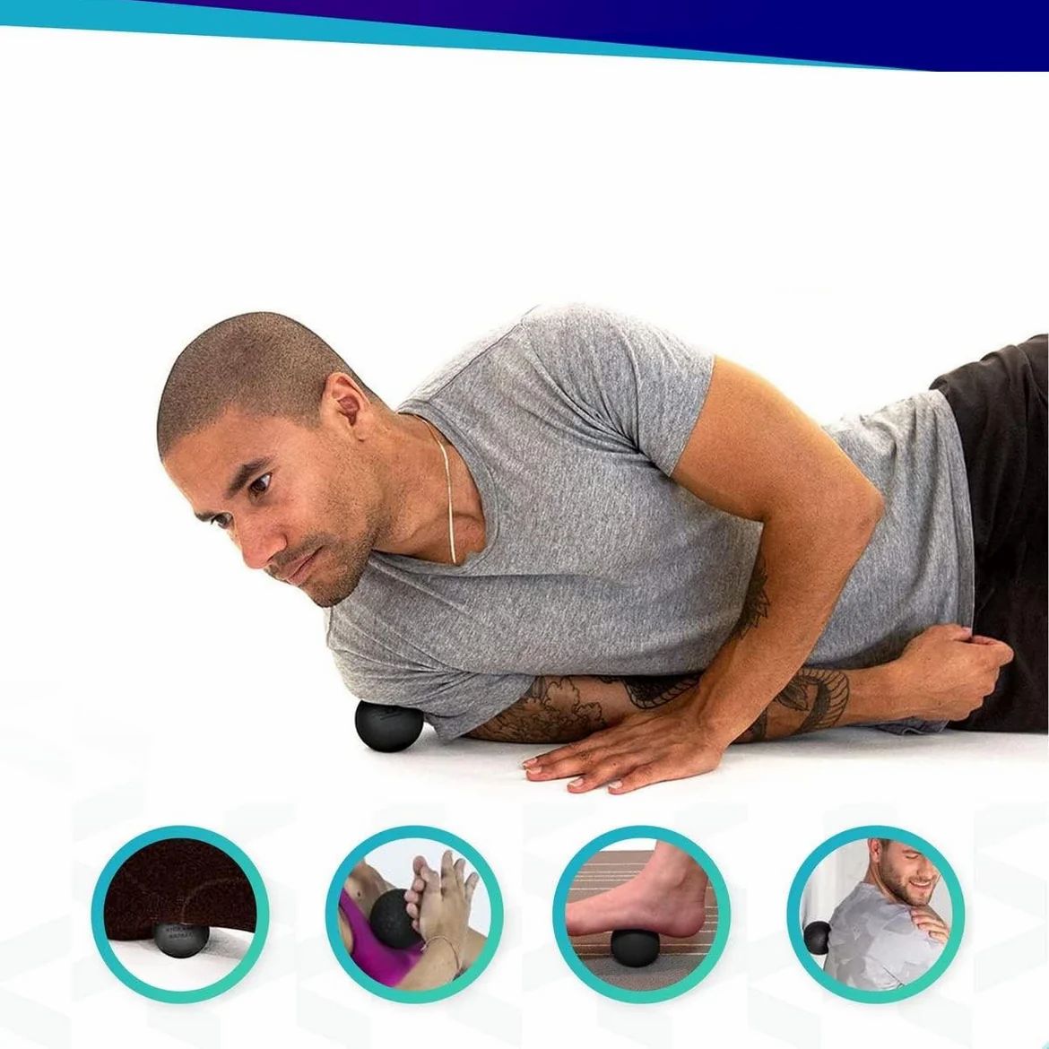 Mann liegt auf dem Boden und nutzt eine schwarze Massagekugel. Vier kleine Kreise zeigen Anwendungen.