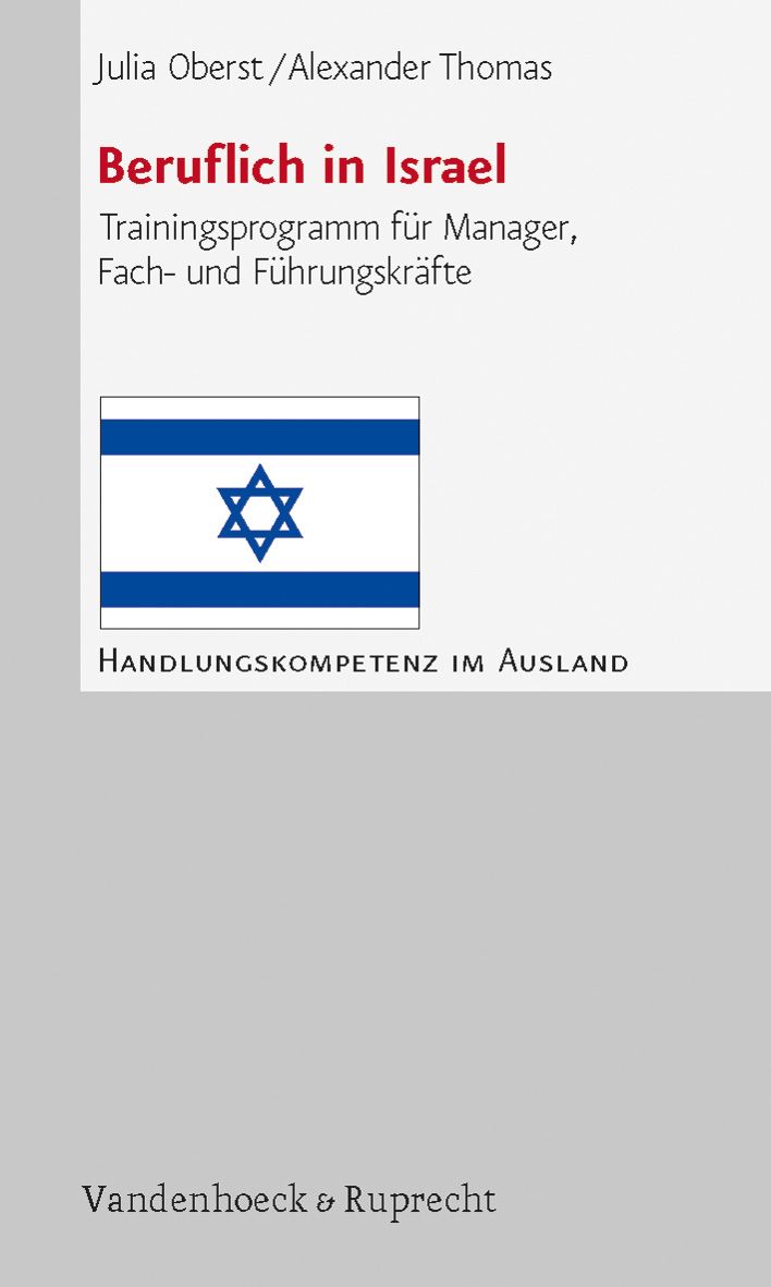 Buch mit dem Titel "Beruflich in Israel". Autoren: Julia Oberst/Alexander Thomas. Flagge Israels. Verlag Vandenhoeck & Ruprecht.