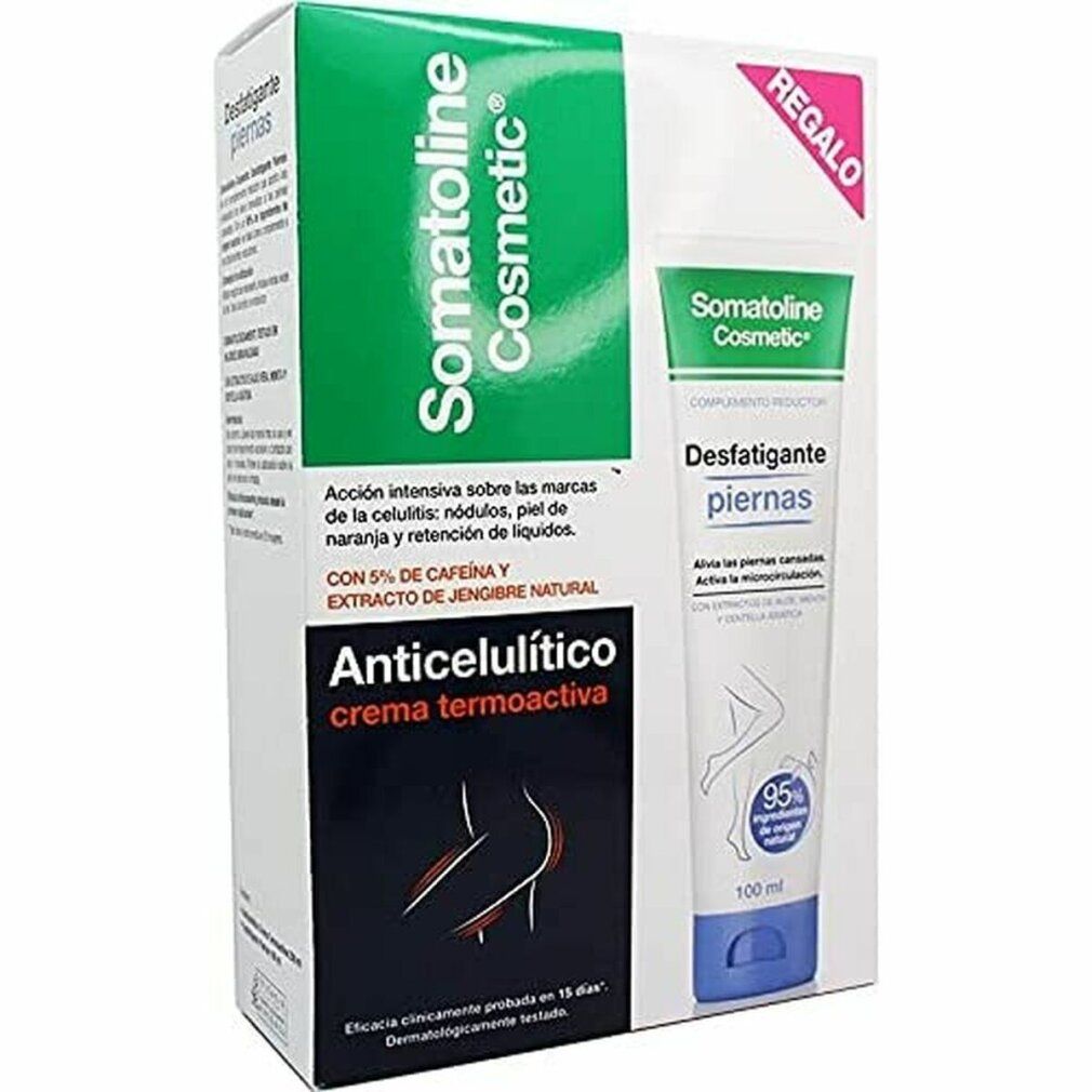 Verpackung mit Somatoline Cosmetic. Enthält Tube mit 'Anticellulítico crema termoactiva'. Text: 'Desfatigante piernas'. Geschenk-Etikett.