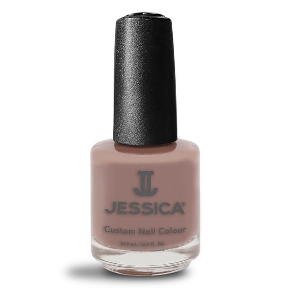 Nagellackflasche mit schwarzem Deckel. Auf dem Flaschenetikett steht "JESSICA Custom Nail Colour".