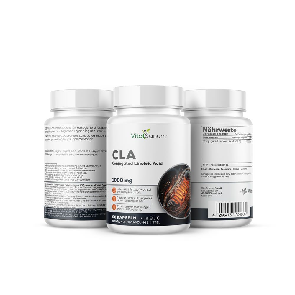 Drei weiße Flaschen VitaSanum CLA. Aufschrift CLA, 1000 mg, 90 Kapseln. Abbildung einer Zelle.