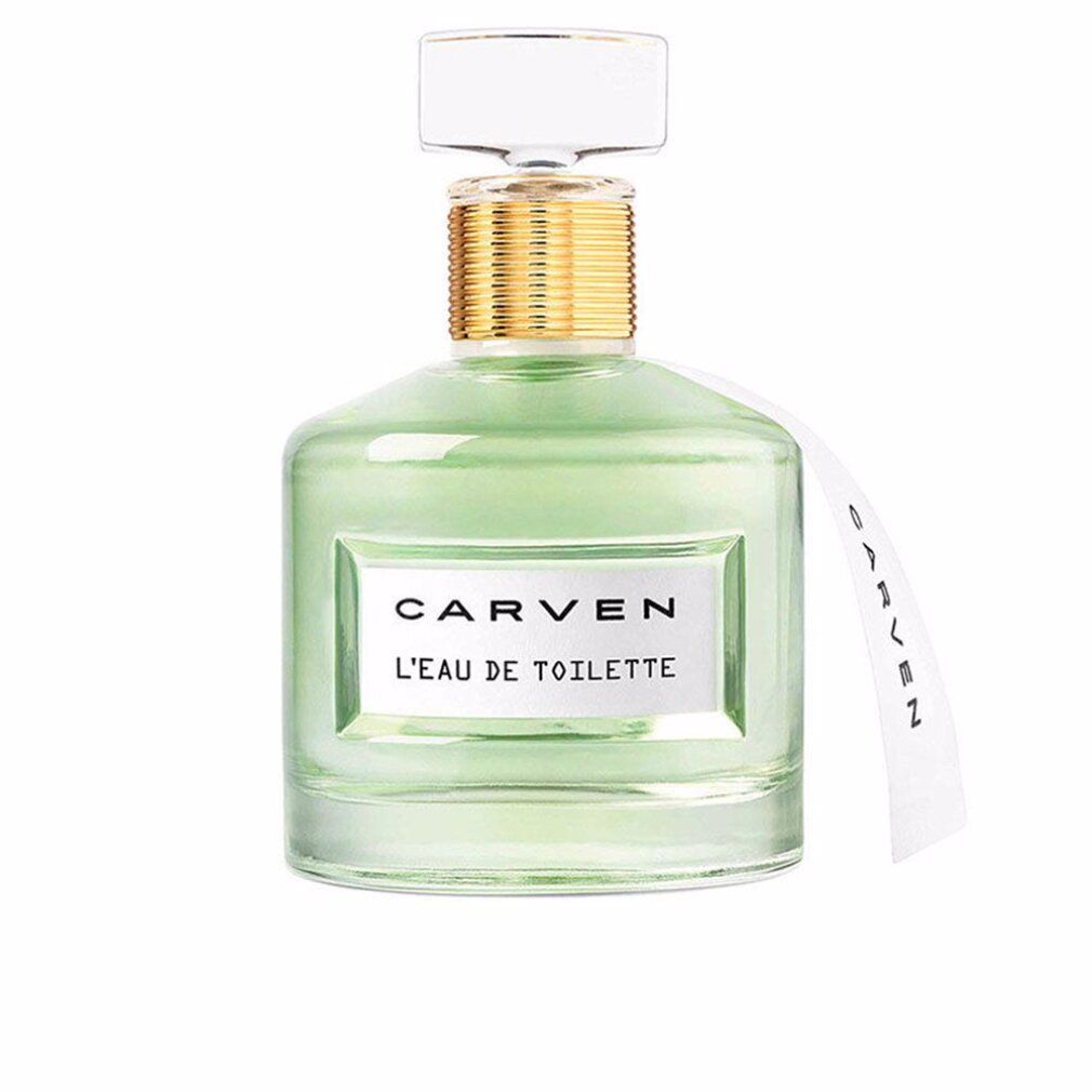 Glasflakon mit goldfarbenem Verschluss und weißem Etikett. Aufschrift: CARVEN L'EAU DE TOILETTE. Transparenter Deckel. Anhänger.