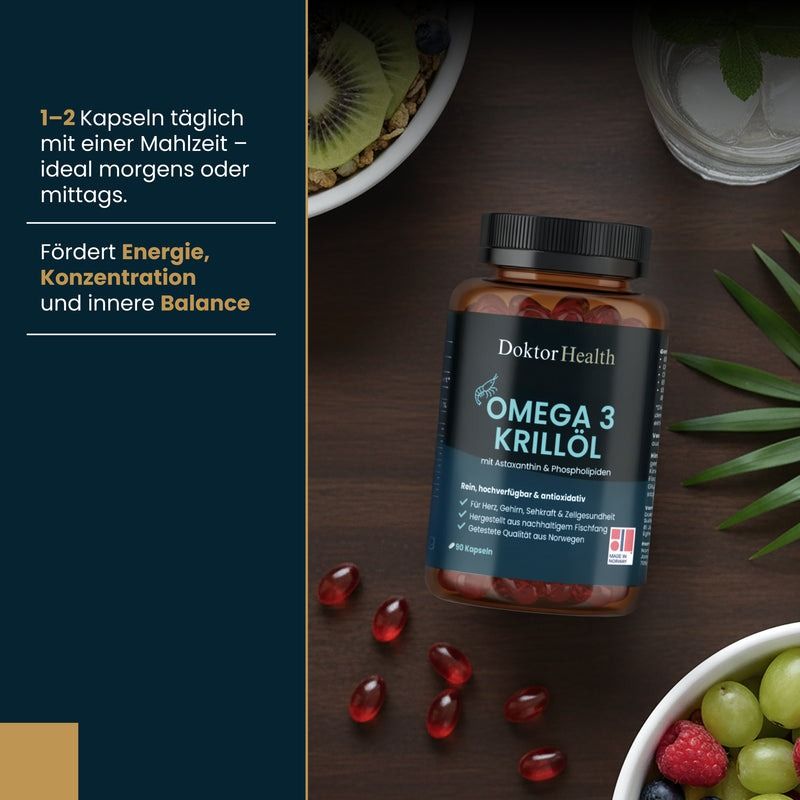 Braune Flasche Omega-3 Krillöl mit roten Kapseln und Obst. Text: 1-2 Kapseln täglich. Fördert Energie, Konzentration und innere Balance.