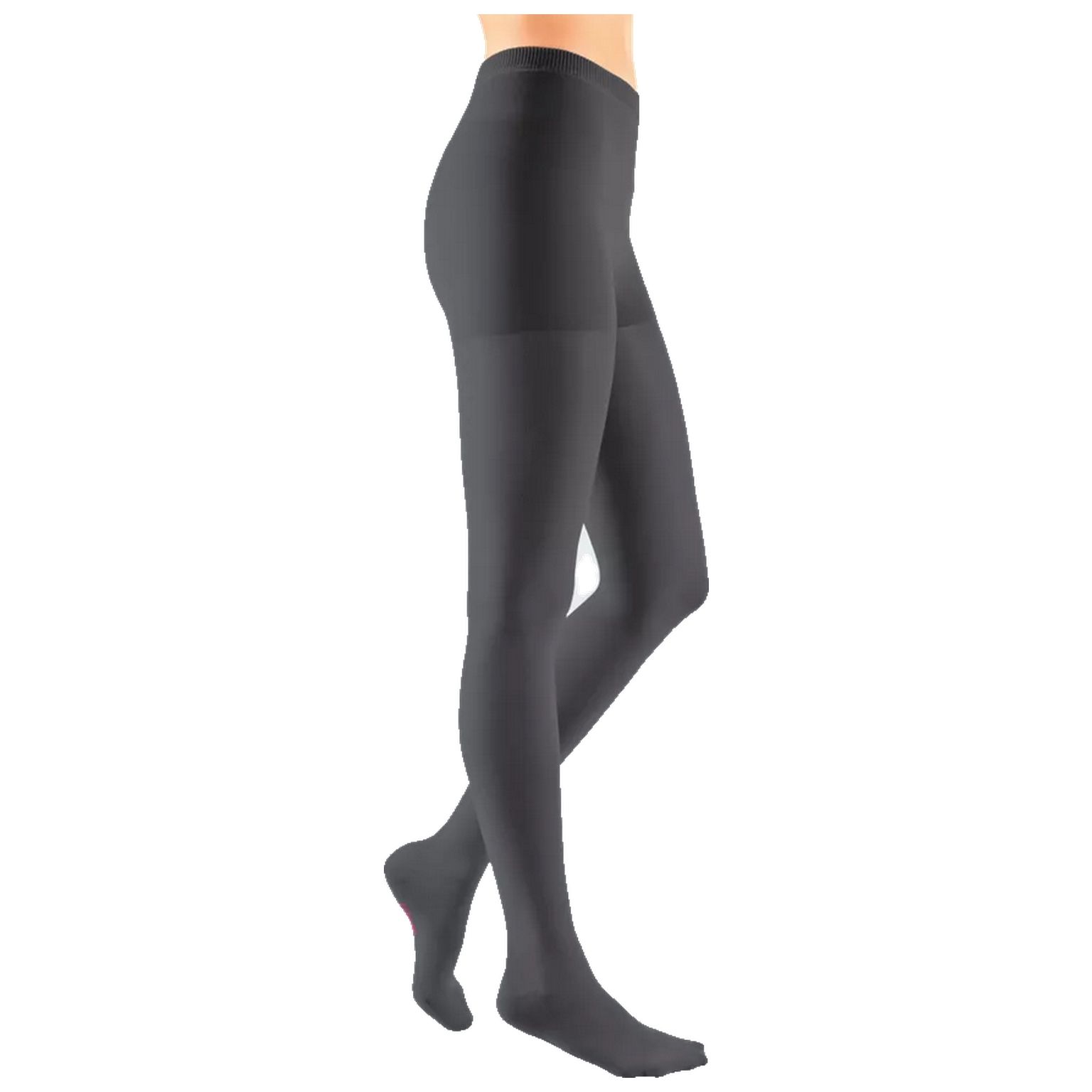 Graue Kompressions-Strumpfhose. Blick von der Seite, die Strumpfhose bedeckt die Beine vollständig.