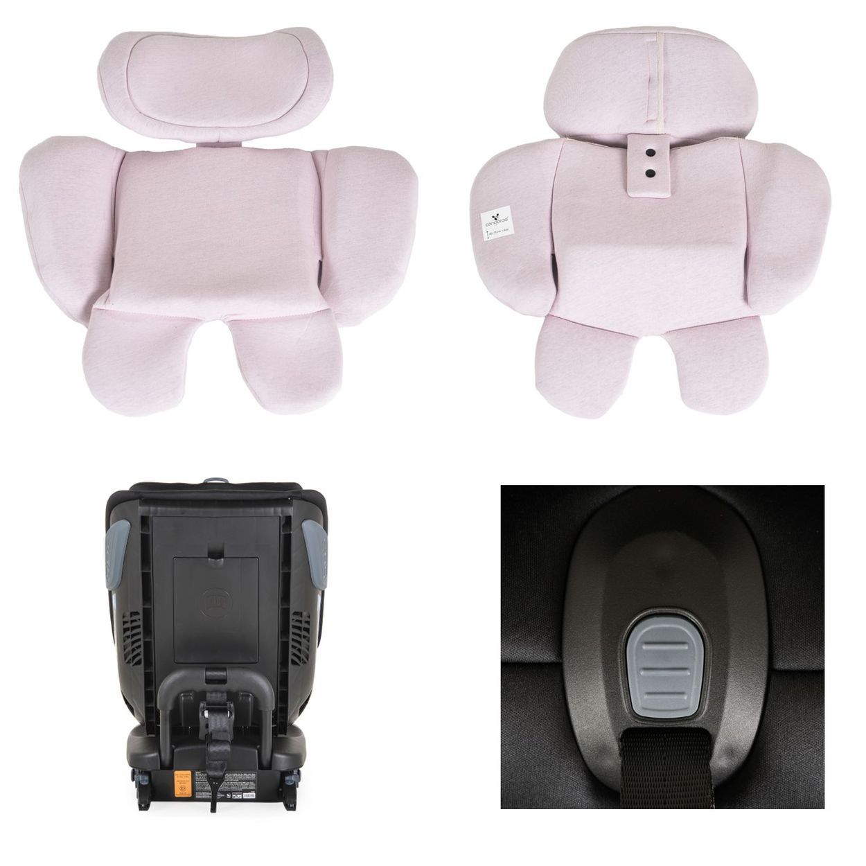 Schwarzer Kindersitz mit rosa Neugeborenen-Einsatz, drehbar, mit Gurt und Kopfstütze.