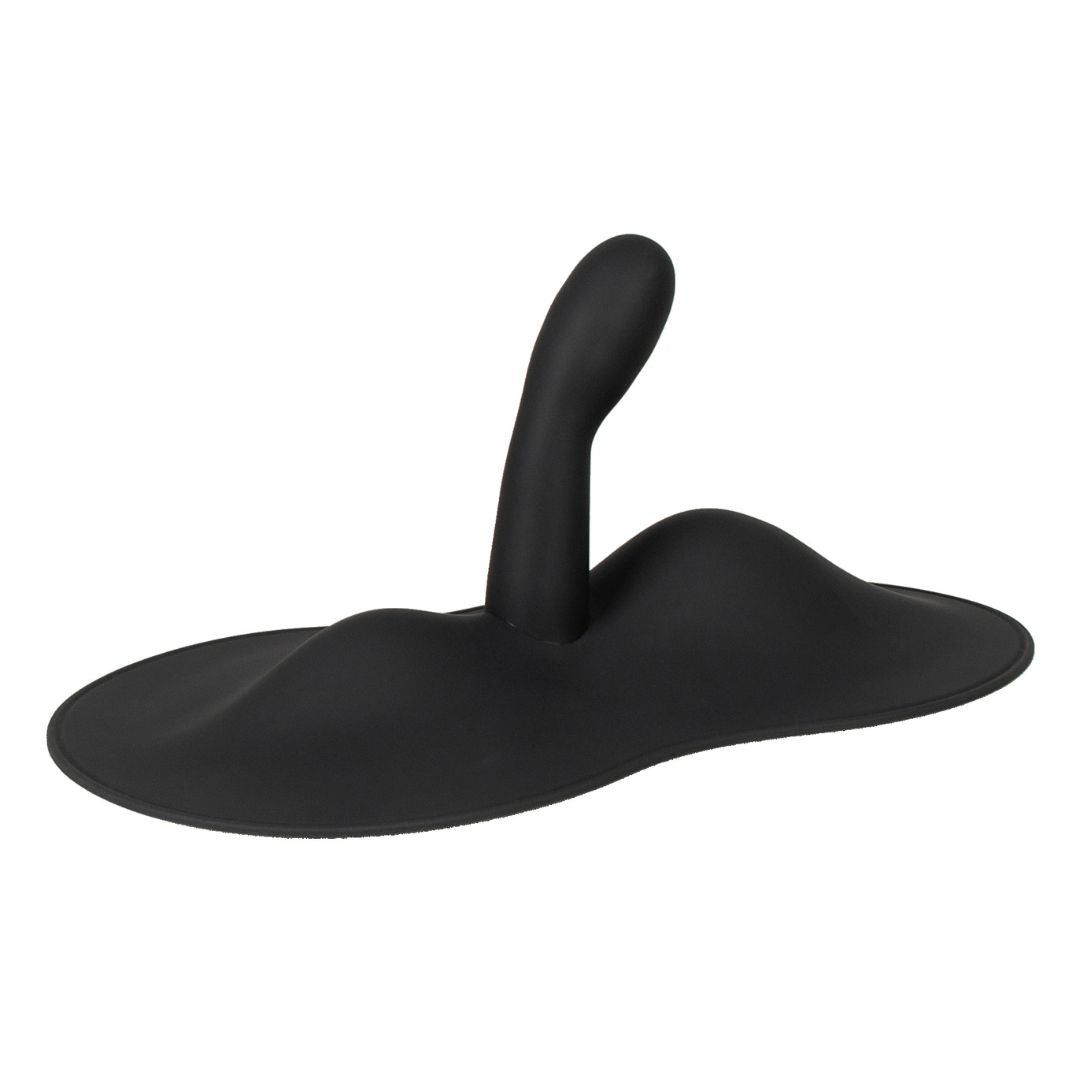 Schwarzes, ergonomisch geformtes Wellness-Produkt mit erhabenen Bereichen und einem aufrecht stehenden Element.