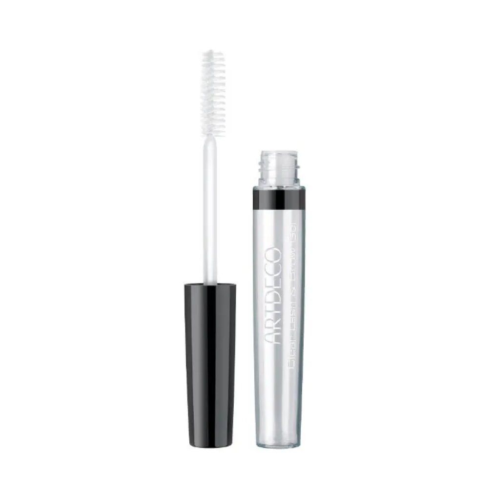 Transparente Mascara-Tube mit geöffnetem Deckel. Auf der Tube steht "ARTDECO Clear Lash & Brow Gel".