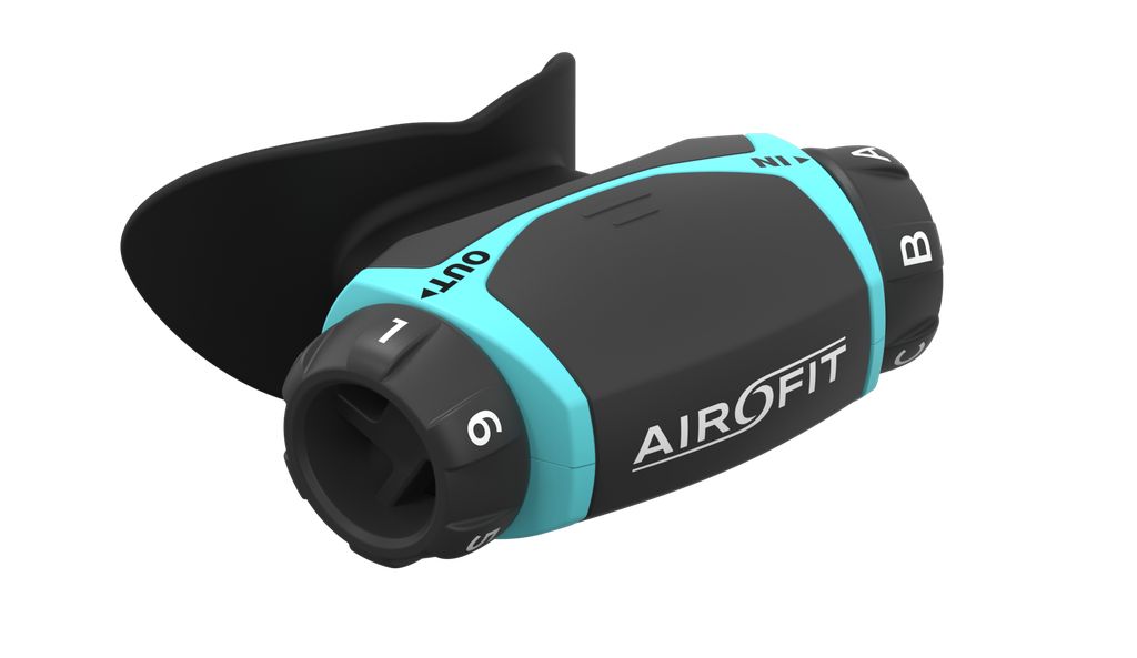 Atemtrainer, schwarz-türkis. Drehregler mit Zahlen und Buchstaben. Aufsatz für den Mund.