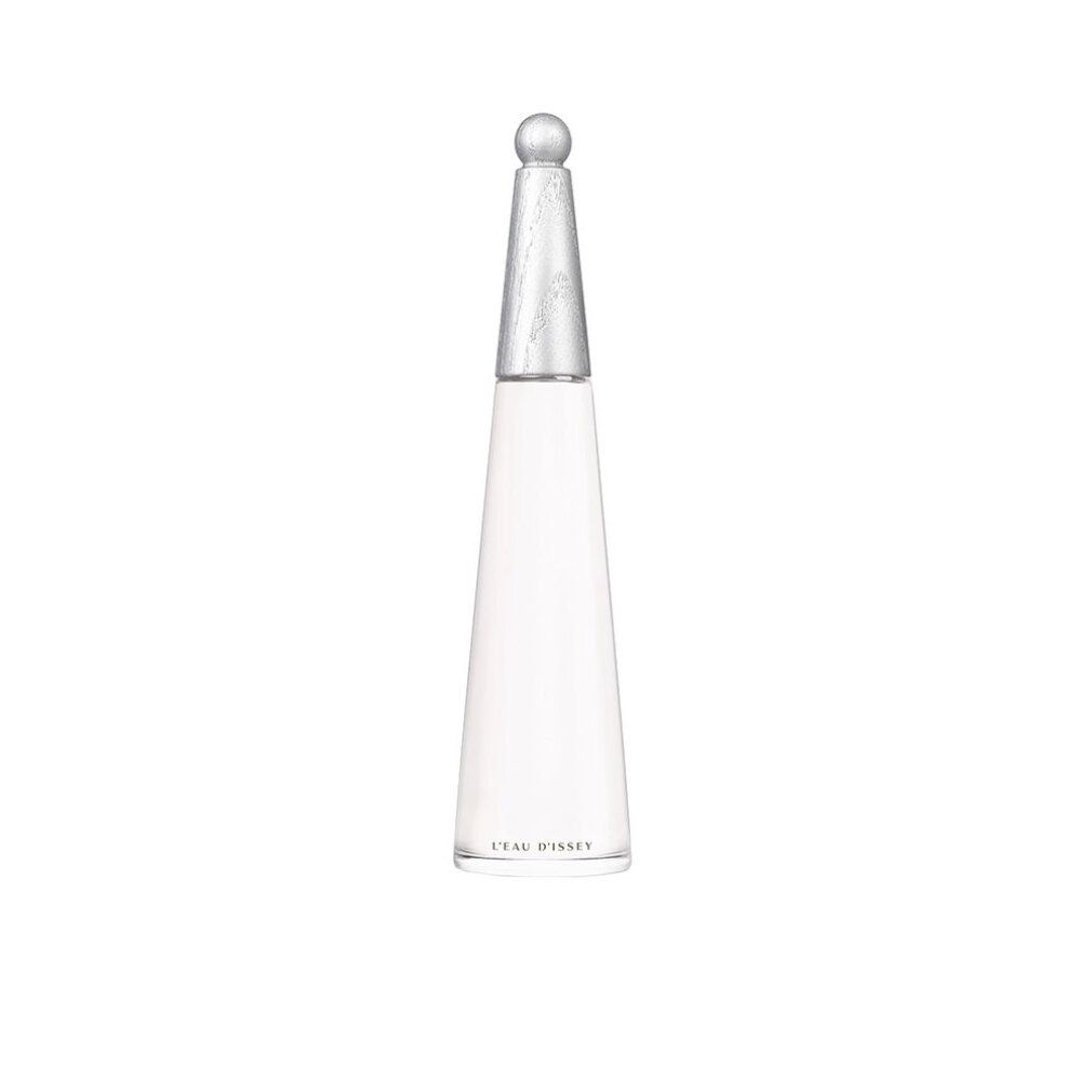 Issey Miyake, L'Eau d'Issey EdP Nat. Spray Intense Flakon. Weißes, konisches Flakon mit silberner Kappe. Klarer Glasboden.