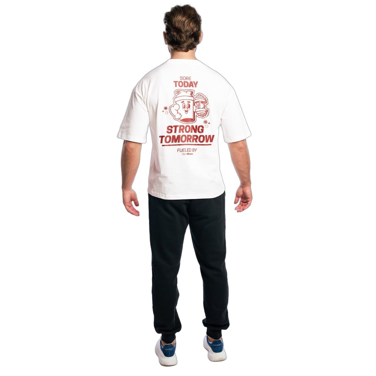 Rückseite eines weißen Herren Boxy-Oversized T-Shirts mit großem rotem Aufdruck.