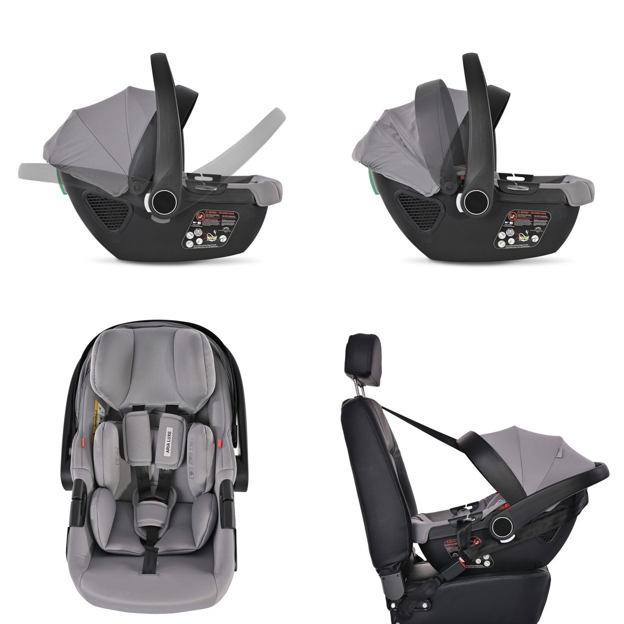 Babyschale in verschiedenen Positionen und Ansichten, mit Sitzverkleinerer.