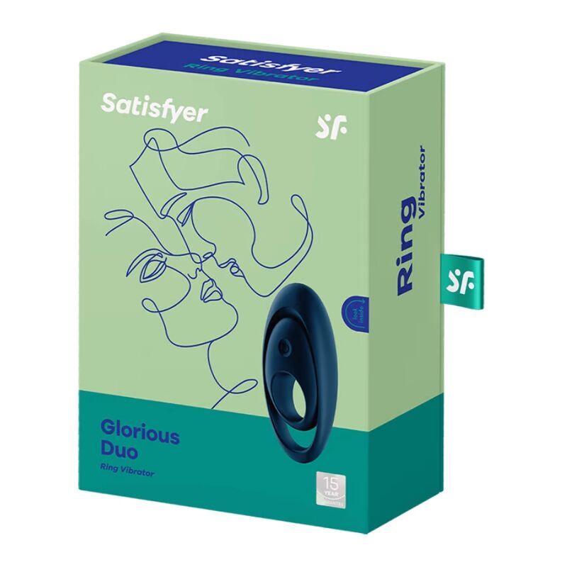 Verpackung des Duo Ring Vibrators. Grün-blaue Schachtel mit Produktabbildung und Logo.